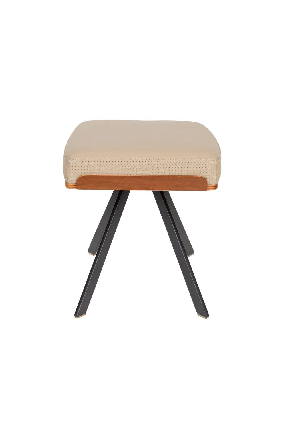 Eleganter Frie Hocker: Ledersitz, nussbaumfarbenes Holz, stilvolle Beine. Perfekte Ergänzung für ultimativen Komfort.