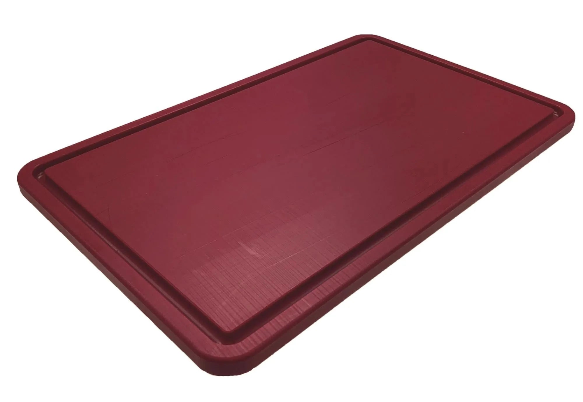 Rotes HDPE-Schneidebrett 53x32,5cm mit Saftrille, hygienisch, langlebig, ideal für Küche & Gastronomie.