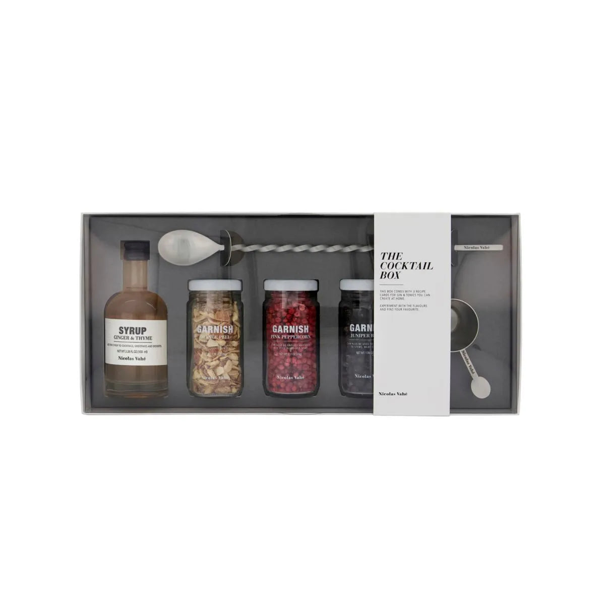 Entdecke die Nicolas Vahé Cocktail-Box: Sirup, Garnitur & Tools für einzigartige Drinks. Perfekt als Geschenk! 🍸🎁