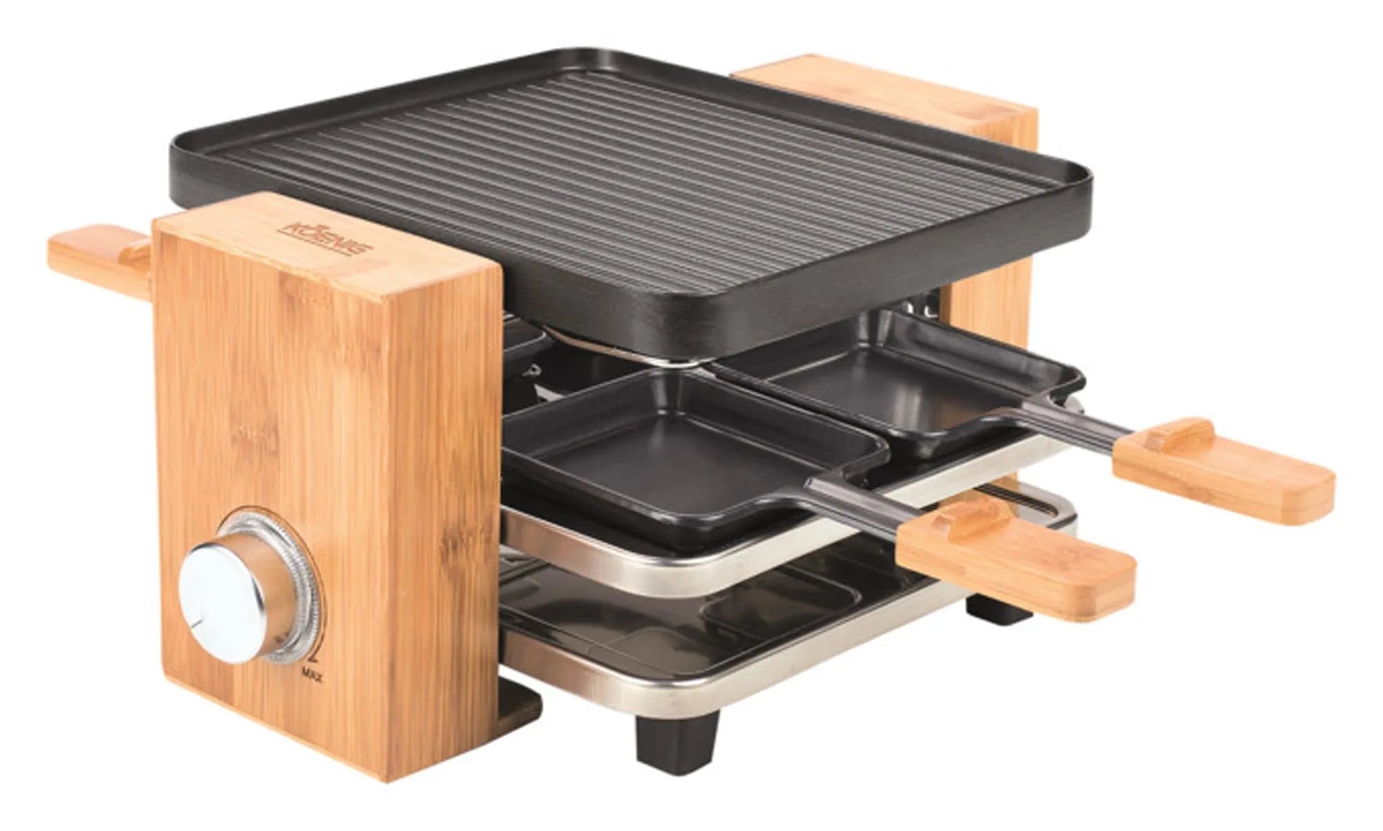 Eleganter Raclettegrill für 4 Personen, Bambusdesign, individuell regulierbare Heizelemente, kompakt, umweltfreundlich.