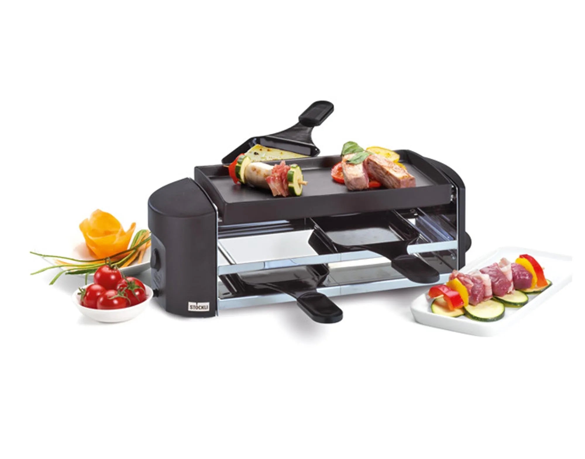 Raclettegrill Cheeseboard Twin von STÖCKLI: Perfekt für 8 Personen, mit vielseitigen Grillplatten, stufenloser Temperaturregelung und elegantem Design.