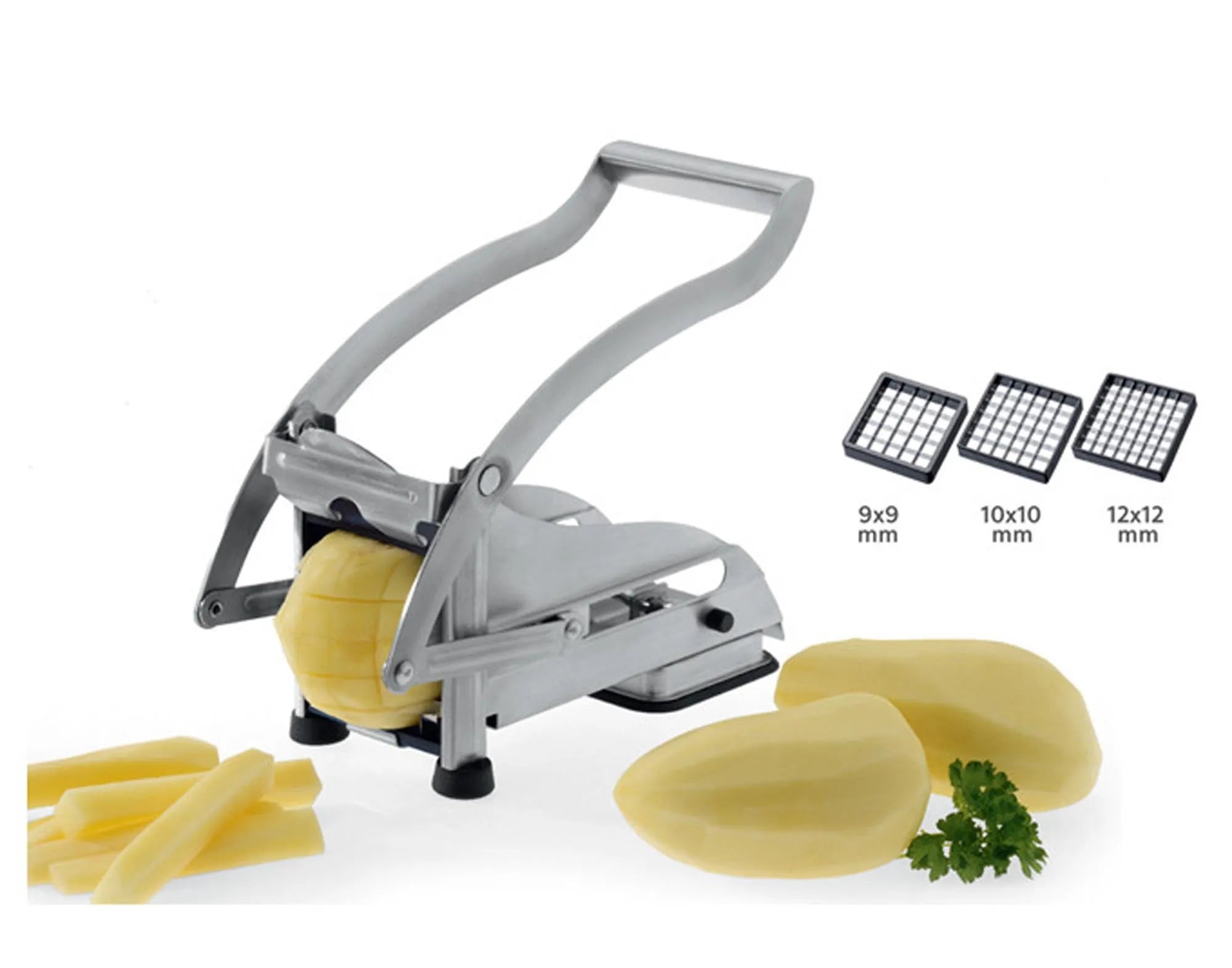 Pommes-Frites-Schneider von EVA COLLECTION: Vielseitige Messereinsätze, Edelstahlklingen, ergonomisch, kompakt, ideal für knusprige Pommes.