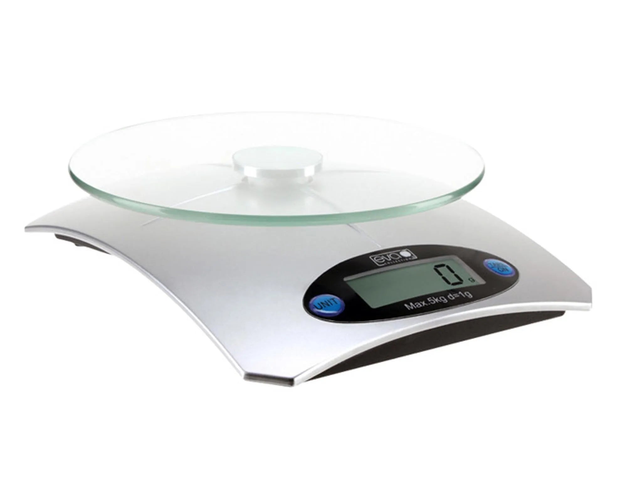 Stilvolle digitale Küchenwaage von EVA COLLECTION, 5 kg Tragkraft, Glasoberfläche, LCD-Display, kompakt, hygienisch, ideal zum Backen.