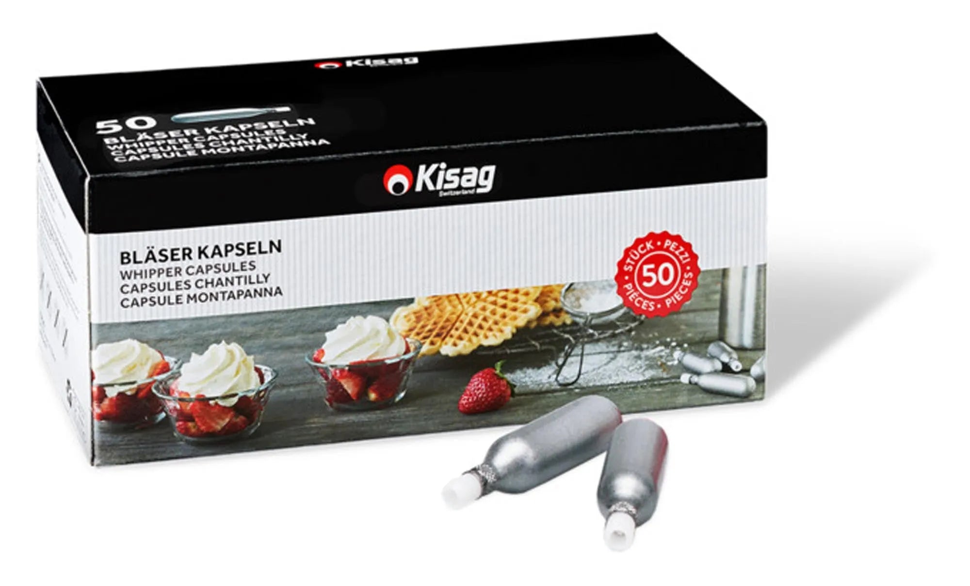 KISAG N2O Kapseln: 50 Stück für perfekte Sahne. Robuste Stahlkapseln, ideal für Desserts und Kaffee. Unverzichtbar in jeder Küche.