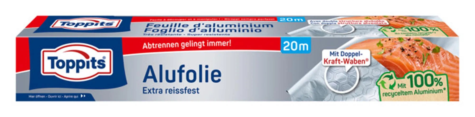 TOPPITS Alufolie: 20 m extra reissfest, ideal zum Verpacken, Abdecken, Grillen. Hitzebeständig, schützt vor Feuchtigkeit und Gerüchen.