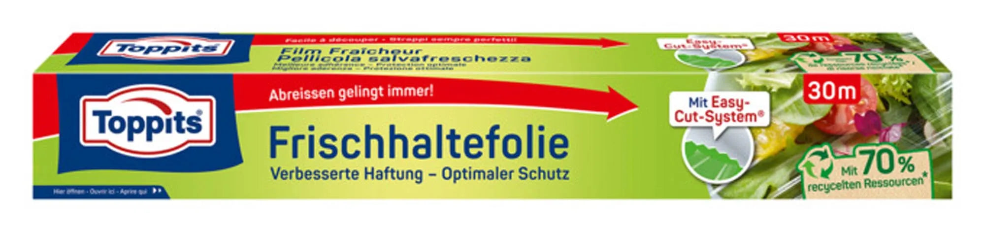 TOPPITS Frischhaltefolie 30 m: Reissfest, lebensmittelecht, ideal zum Abdecken und Einwickeln. Hält Lebensmittel länger frisch.