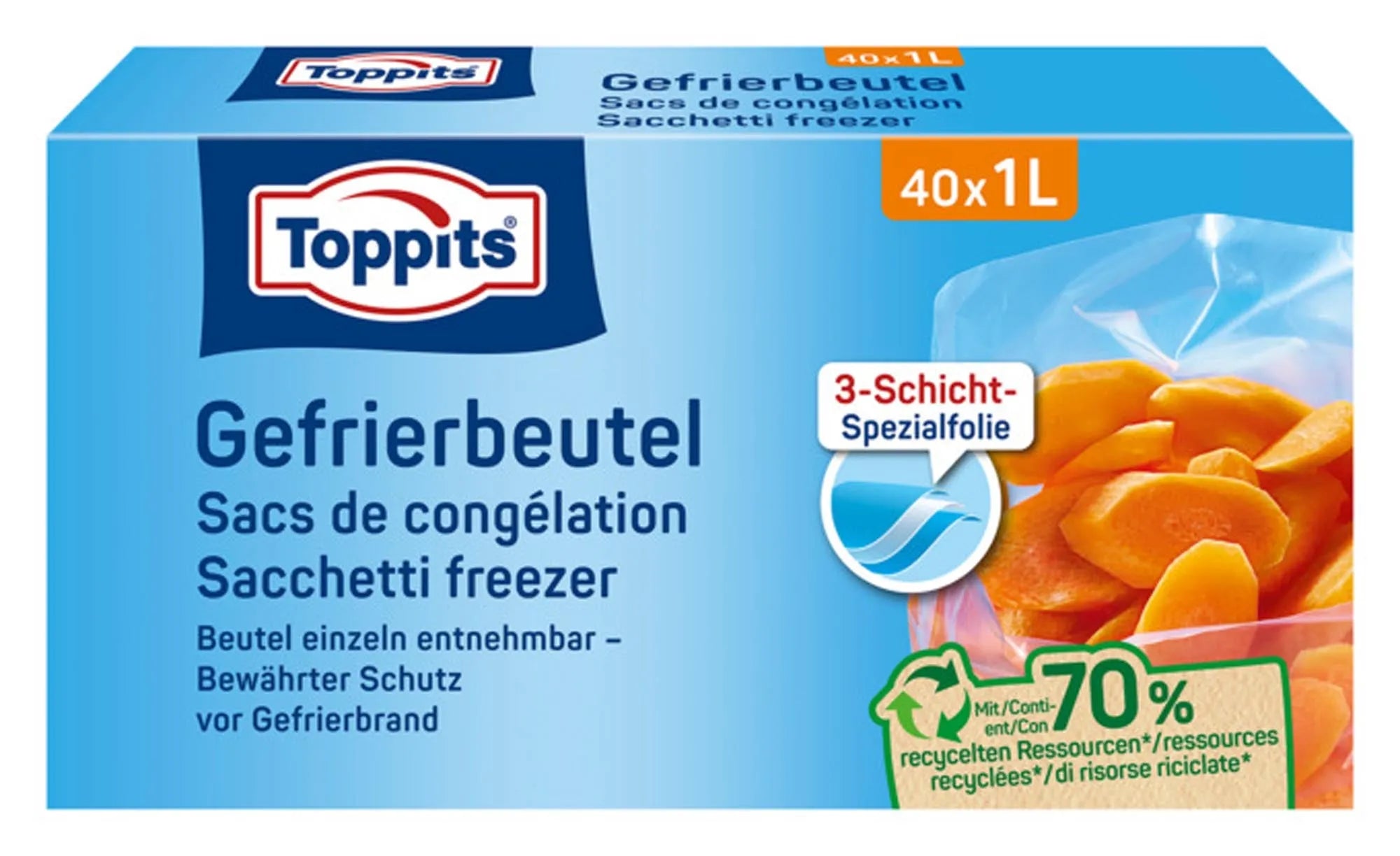 TOPPITS Gefrierbeutel 1 l: BPA-frei, mit Zip-Verschluss, ideal für Obst, Gemüse, Fleisch. Transparent für einfache Sichtkontrolle.