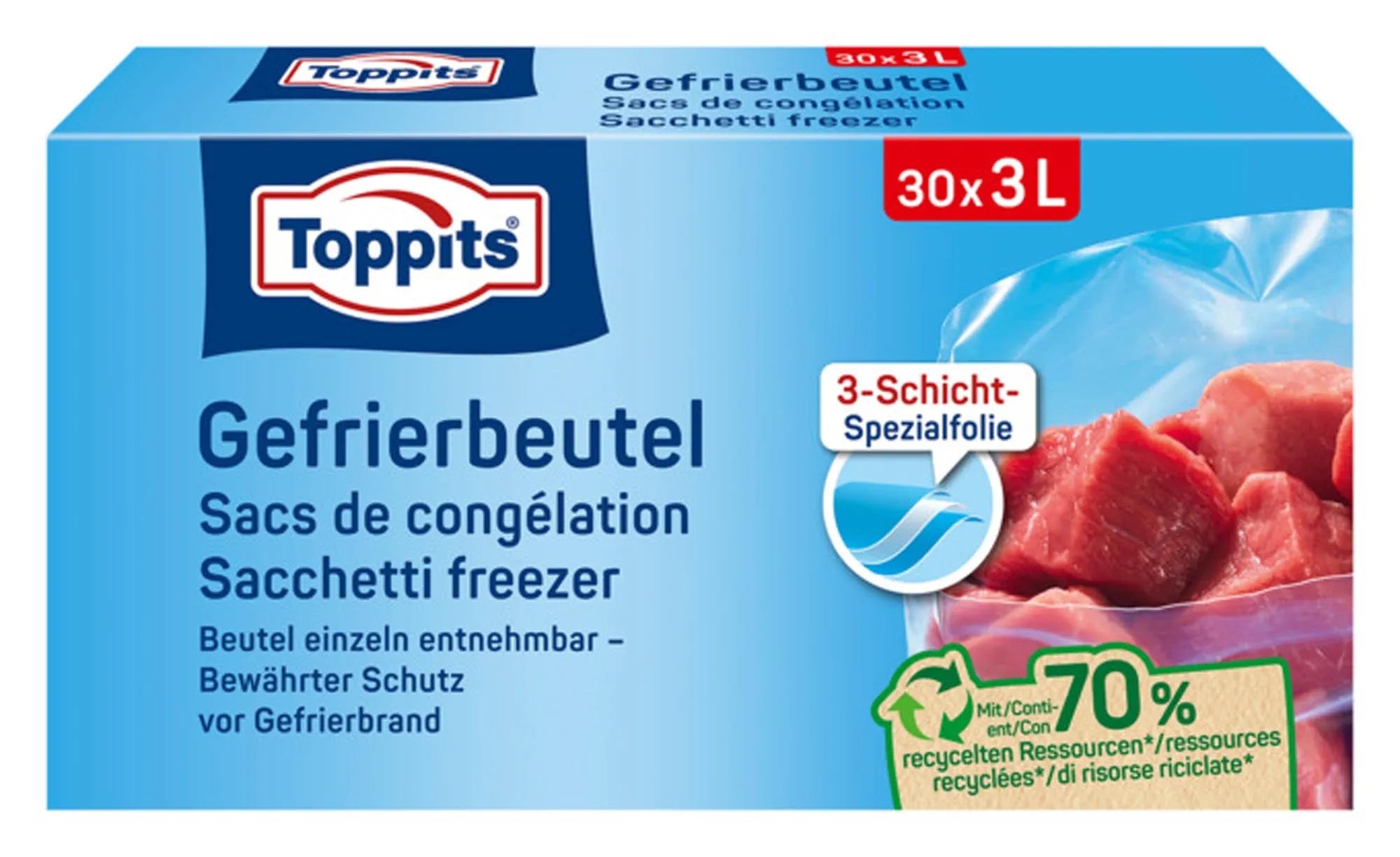 TOPPITS Gefrierbeutel 3 l: BPA-frei, luftdicht, vielseitig für Obst, Fleisch, Sous-vide. Praktisch, transparent, platzsparend.