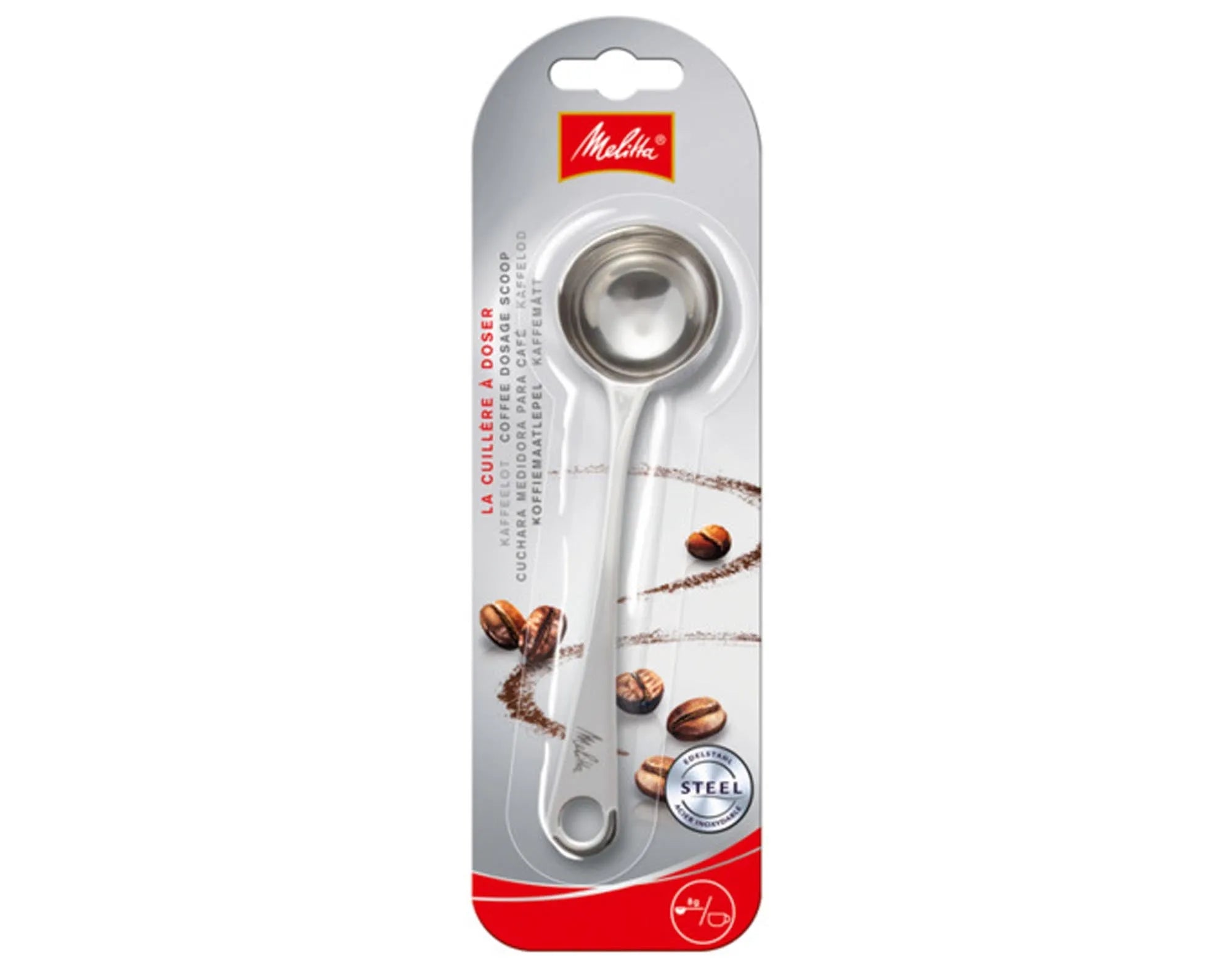 Eleganter 8g Edelstahl-Messlöffel von MELITTA für präzises Kaffeepulver-Abmessen. Unverzichtbar für aromatischen Kaffee.