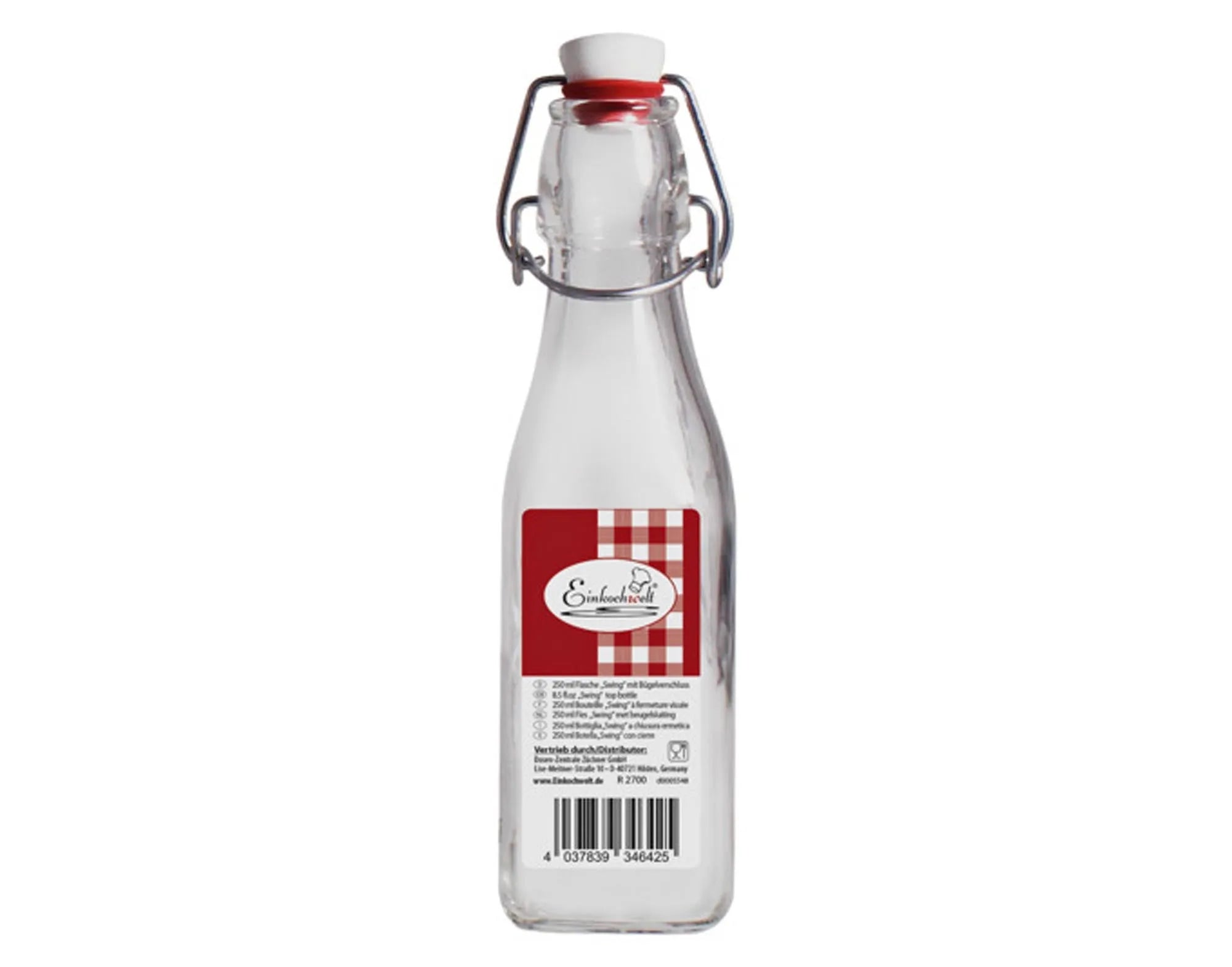 Stilvolle 250 ml Bügelflasche aus bruchsicherem Glas, ideal für Säfte und Limonaden. Luftdichter Bügelverschluss, spülmaschinenfest.