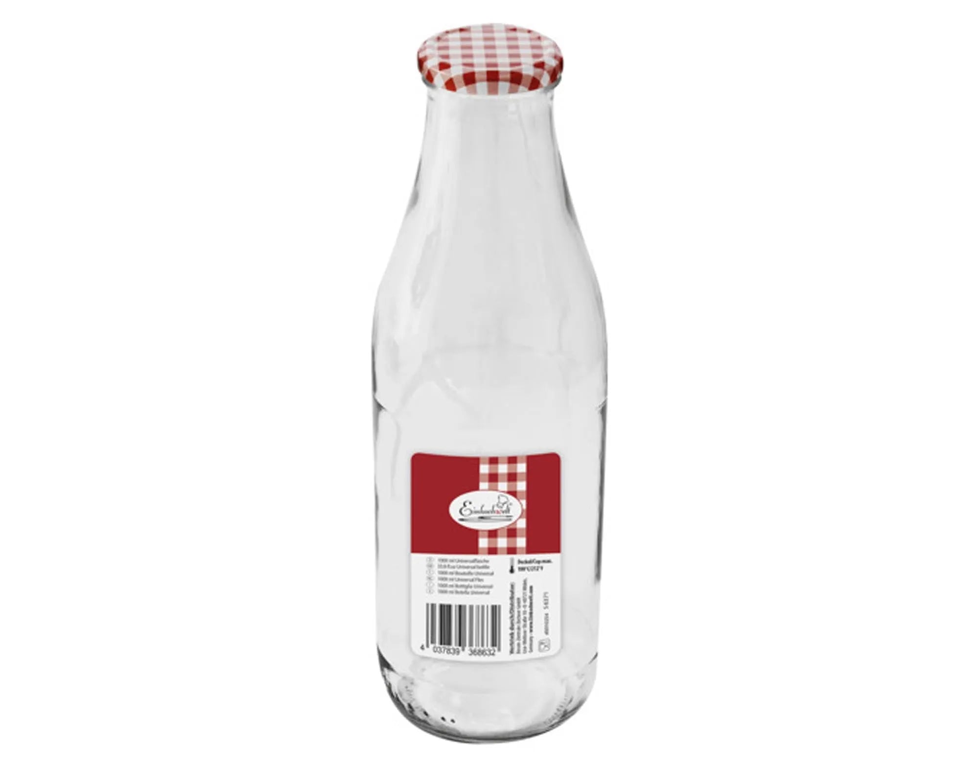 Stilvolle 1000 ml Glasflasche von EINKOCHWELT, karriert, mit Schraubverschluss. Ideal für Getränke, rustikales Design, spülmaschinenfest.