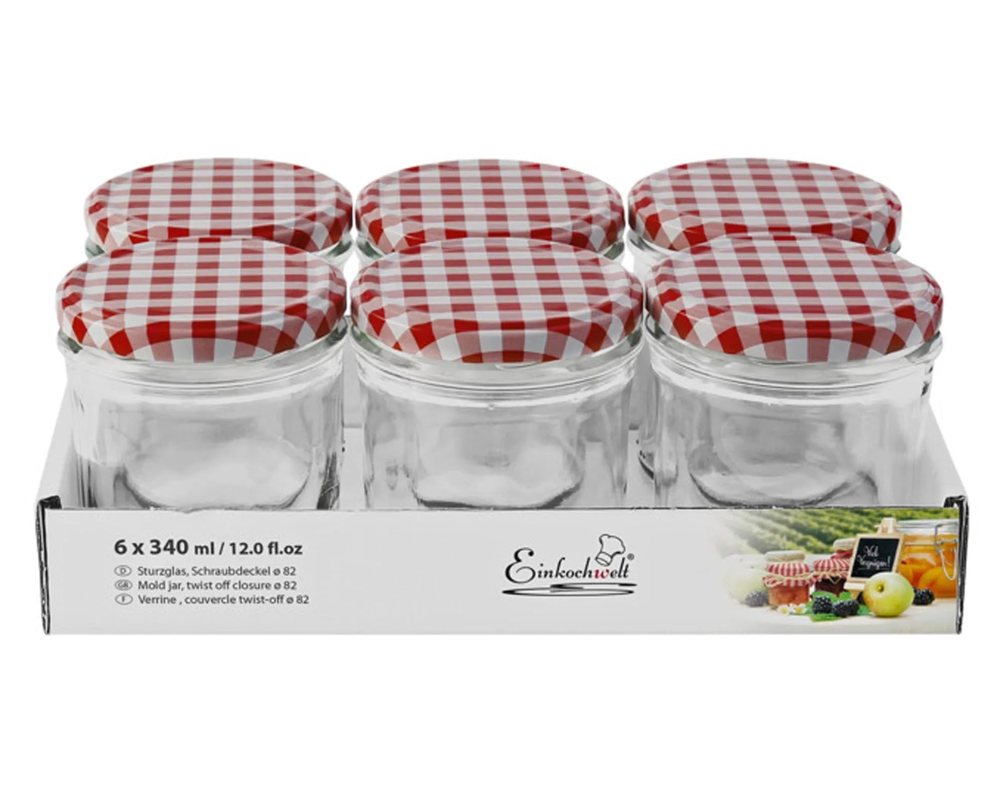 Set aus 6 karierten Gläsern (340 ml, ø 82 mm) von EINKOCHWELT: robust, stilvoll, ideal für Marmelade & Vorrat.