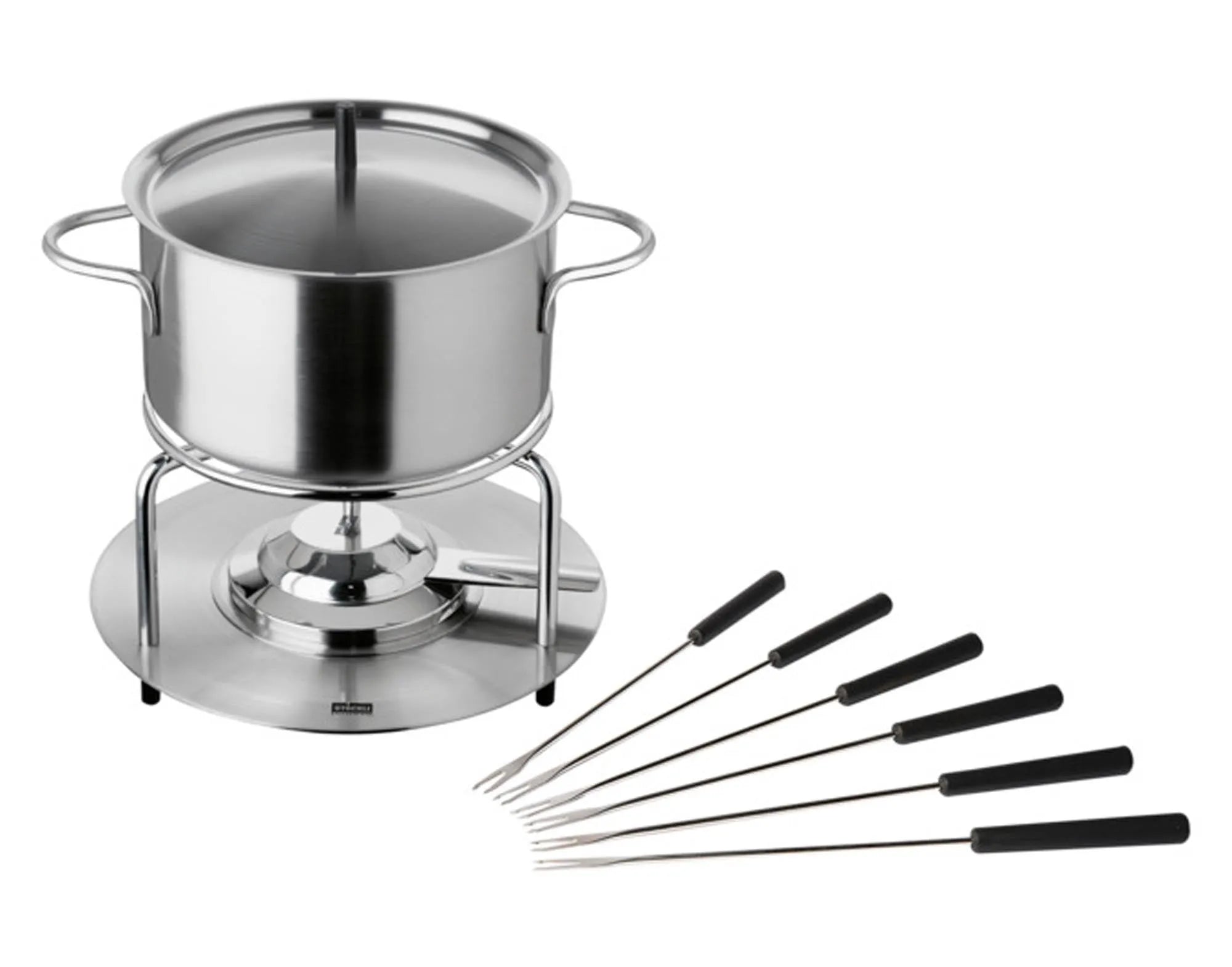 Elegantes STÖCKLI Fondue-Set aus Edelstahl, ideal für gesellige Abende. Hervorragende Wärmeleitung, spülmaschinenfest.