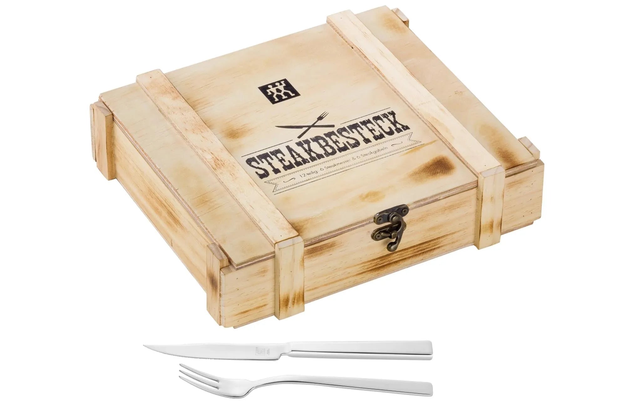 Elegantes 12-tlg. TWIN Steak Besteckset von Zwilling in Holzbox, aus langlebigem 18/10 Edelstahl, ideal für Steakliebhaber.