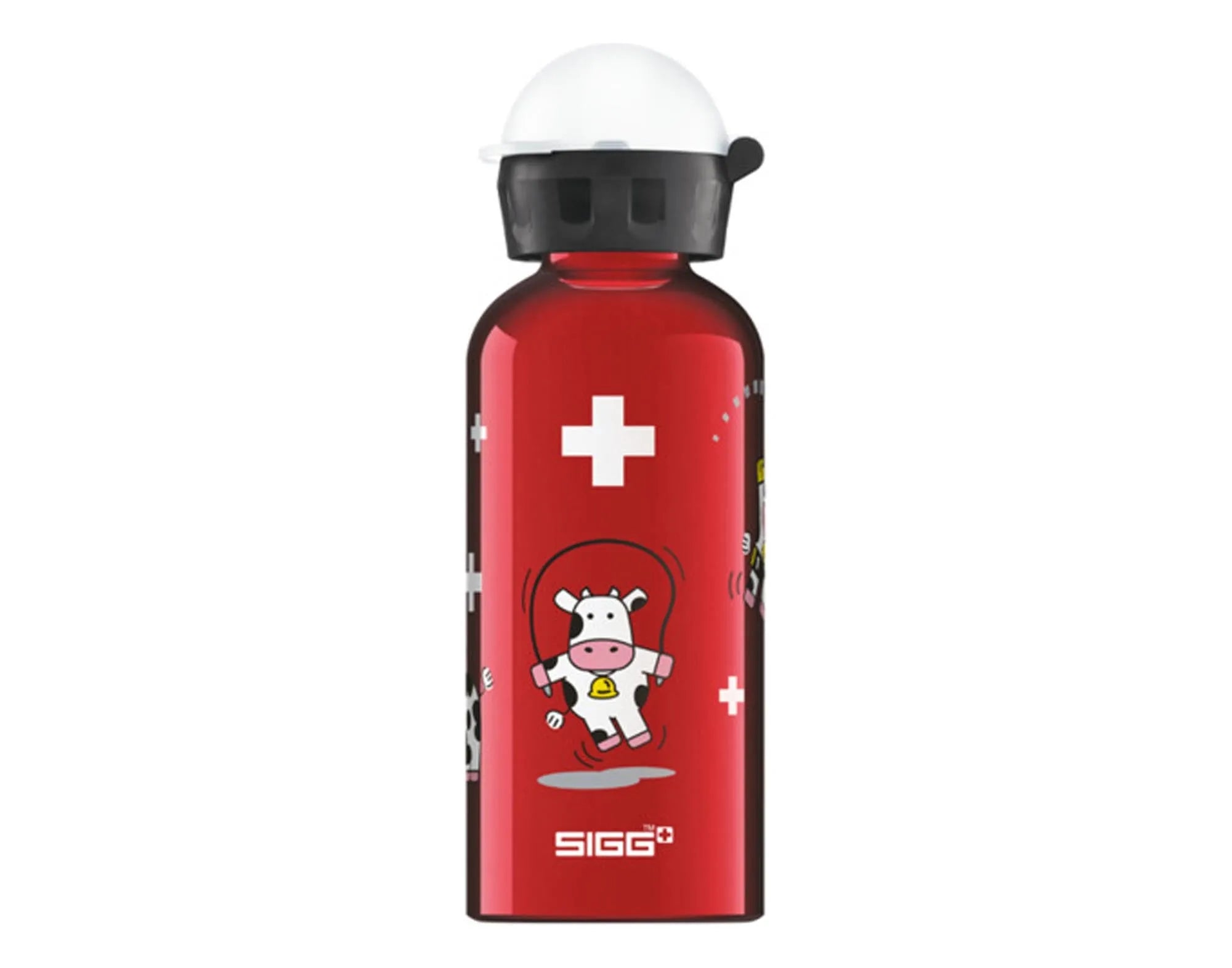 Bunte SIGG Kids Bottle mit lustigem Kuh-Design, 0.4L, BPA-frei, auslaufsicher, ideal für Kinderhände. Perfekt für Schule & Abenteuer!