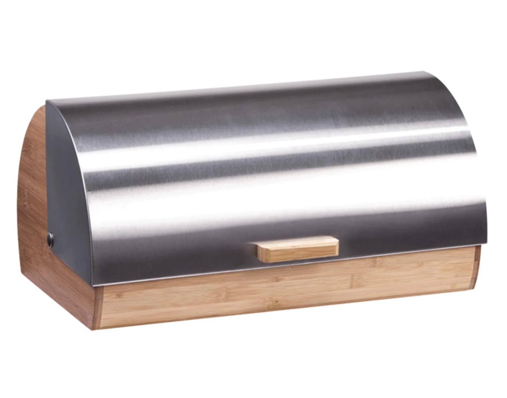 Stilvoller Brotkasten aus Inox und Bambus, 39x25.5x18.5 cm, hält Brot frisch und dient als Schneidebrett. Modern und umweltfreundlich.