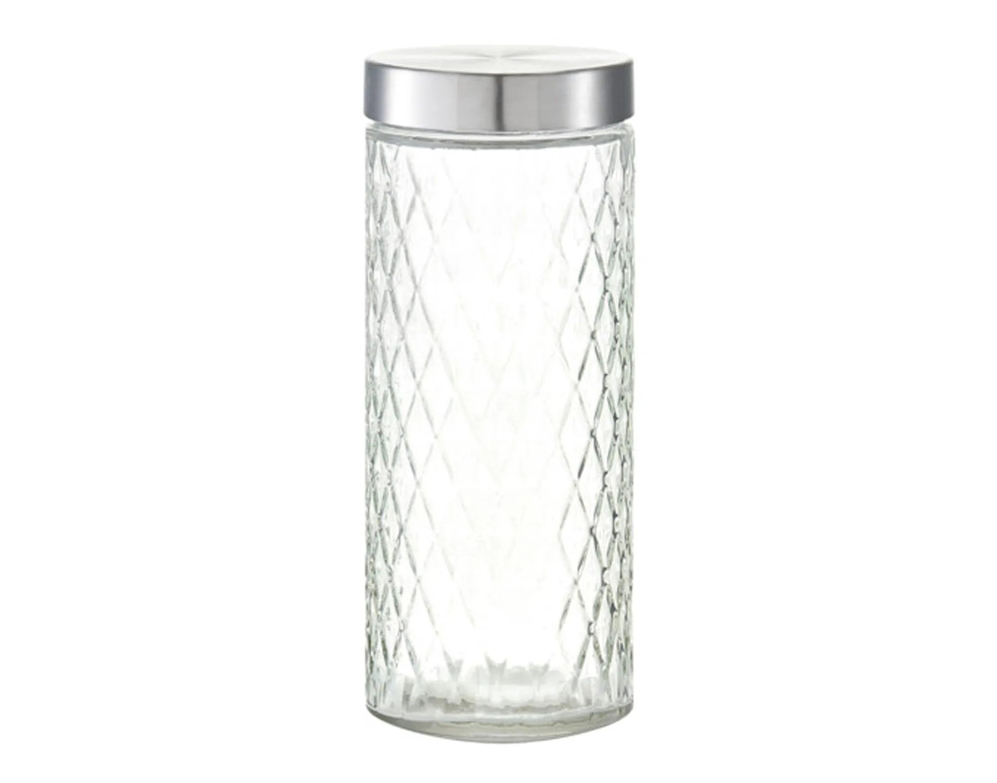 Elegantes Vorratsglas mit 2000 ml Volumen, Rautenmuster, Inox-Deckel für luftdichte Frische. Ideal für Reis, Pasta, Gewürze.