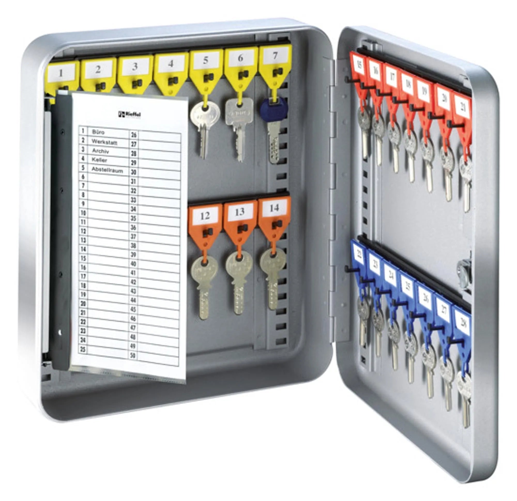 Robuster Schlüsselschrank KR-15 von RIEFFEL: 28 Haken, pulverbeschichteter Stahl, sicher und ästhetisch für Büro und Hotel.