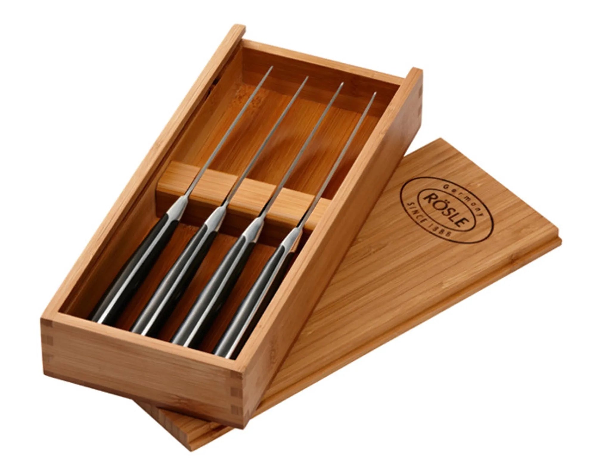 Elegantes 4-teiliges RÖSLE Steakmesser-Set: Präzise Klingen, ergonomische Griffe, spülmaschinenfest. Perfekt für Steakliebhaber.