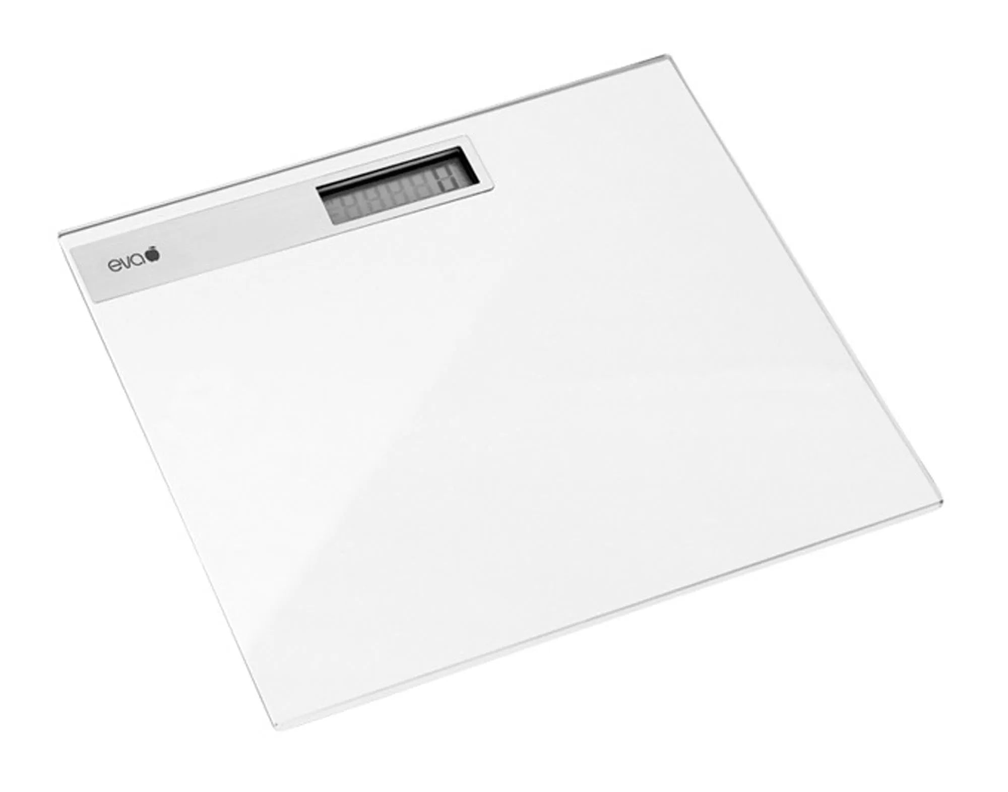 Stilvolle digitale Glaswaage von EVA COLLECTION, wiegt bis 180 kg, präzise, langlebig, mit LCD-Anzeige und rutschfester Oberfläche.