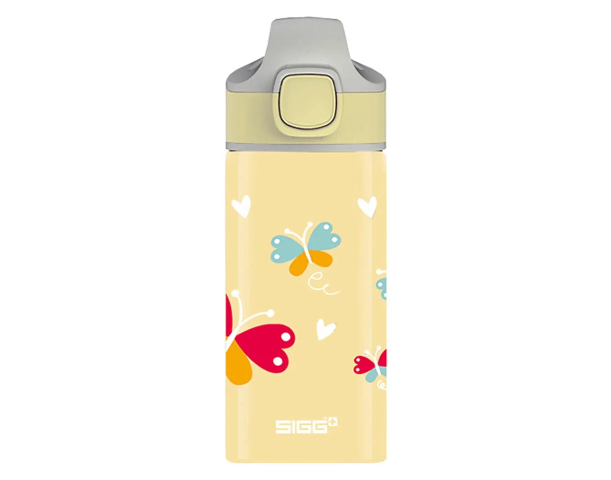 Bunte SIGG Kids Bottle 0.4L mit Schmetterlingsdesign, BPA-frei, auslaufsicher, ideal für Schule und Abenteuer.