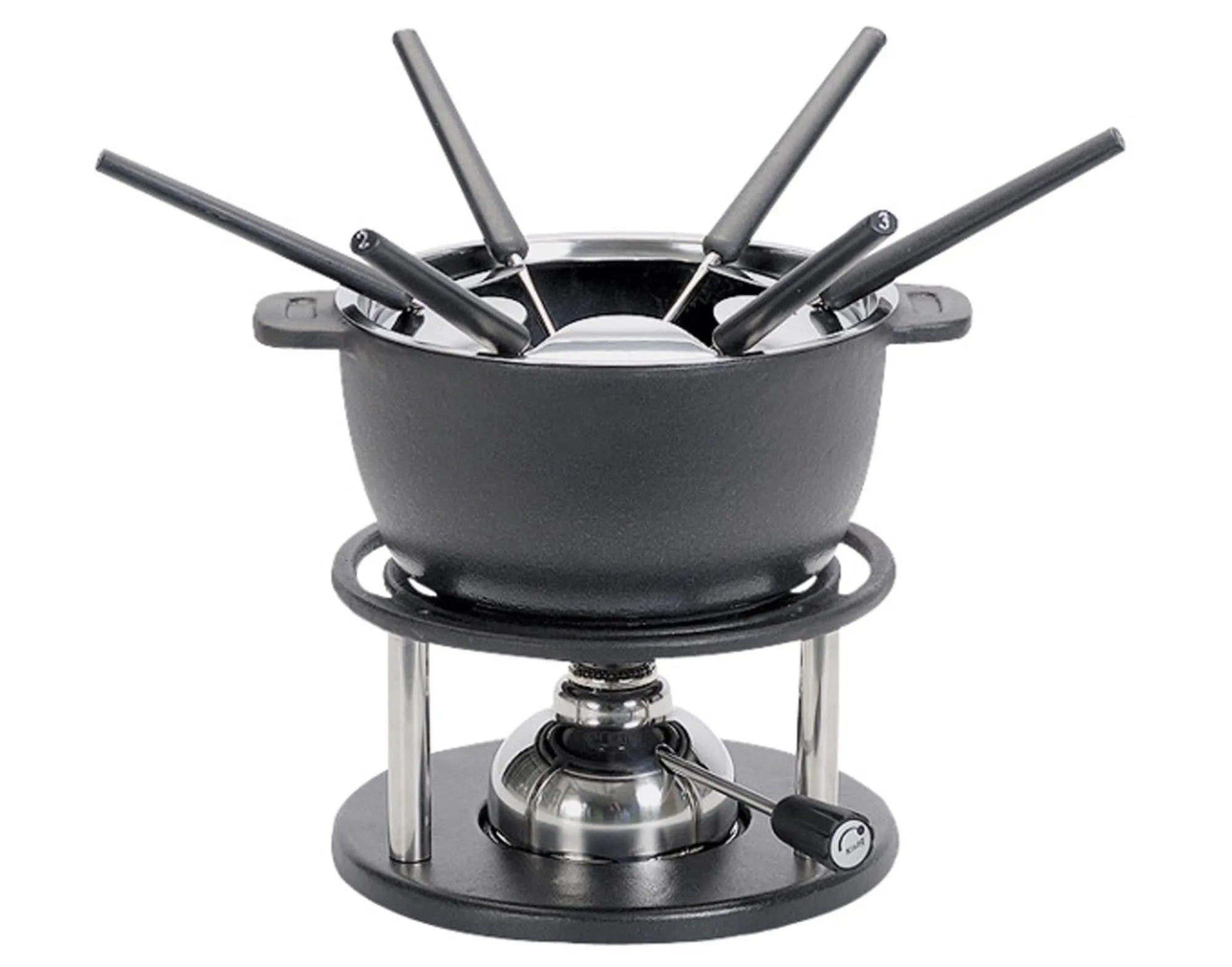 Elegantes Fondue Set Twin von KISAG: Zwei Töpfe, präzise Brenner, stilvolles Design, leicht zu reinigen. Perfekt für gesellige Abende.