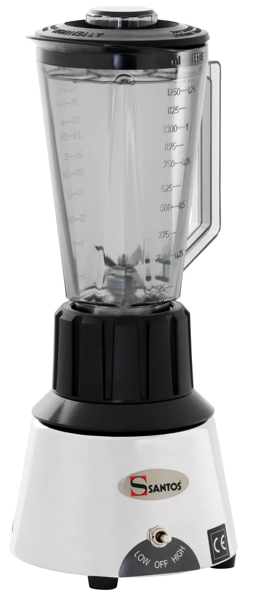 Eleganter, grauer Santos Bar Blender, 1,25 l. Ideal für Smoothies & Shakes. Robustes Aluminium, bruchsicherer Polycarbonatbehälter.