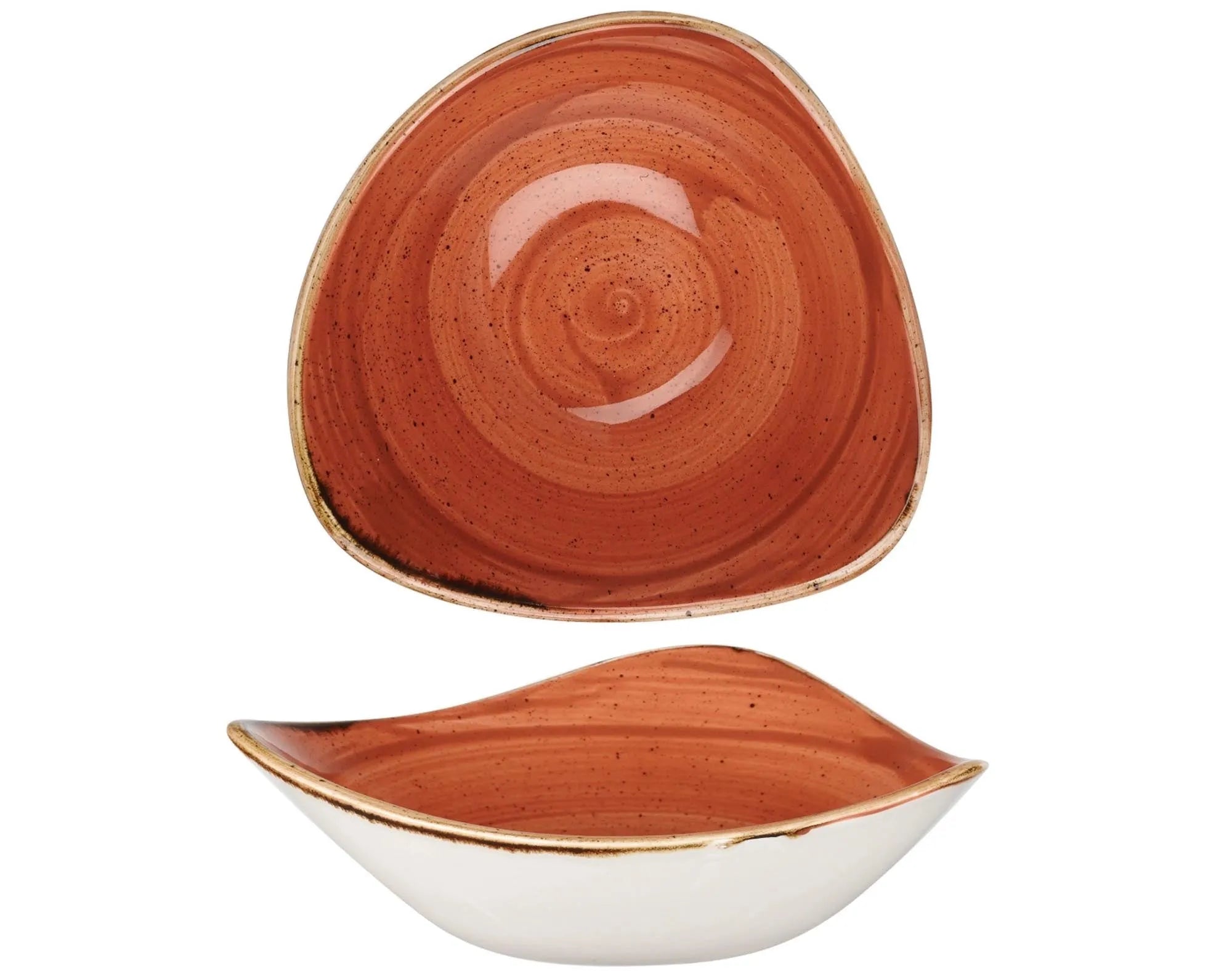 Die Stonecast Spiced Orange Triangel Schüssel (15,3 cm) von Churchill besticht durch ihre lebendige Farbe und einzigartige Form. Ideal für Salate und Desserts.