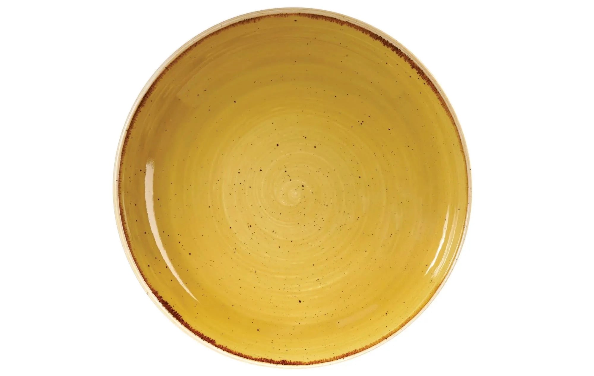 Der Stonecast Mustard Yellow Coupe Teller von Churchill: Handbemalt, senfgelb, elegant mit goldbraunem Rand, spülmaschinenfest, 24,8 cm.