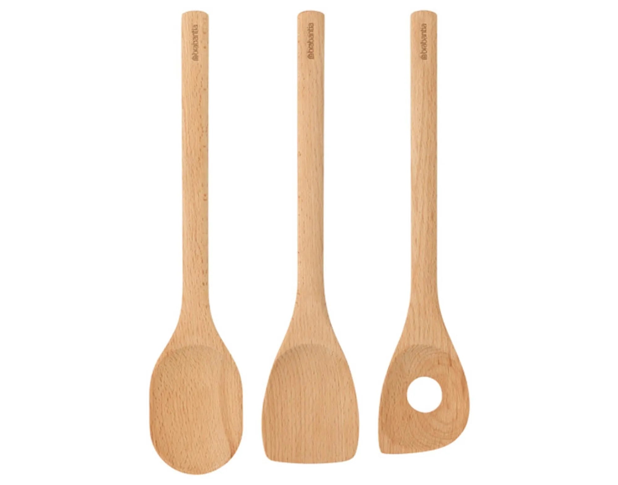 Elegantes 3-teiliges Küchenhelfer Set aus Buchenholz von BRABANTIA: Pfannenwender, Schöpflöffel, Kochlöffel. Langlebig, sanft zu Töpfen.