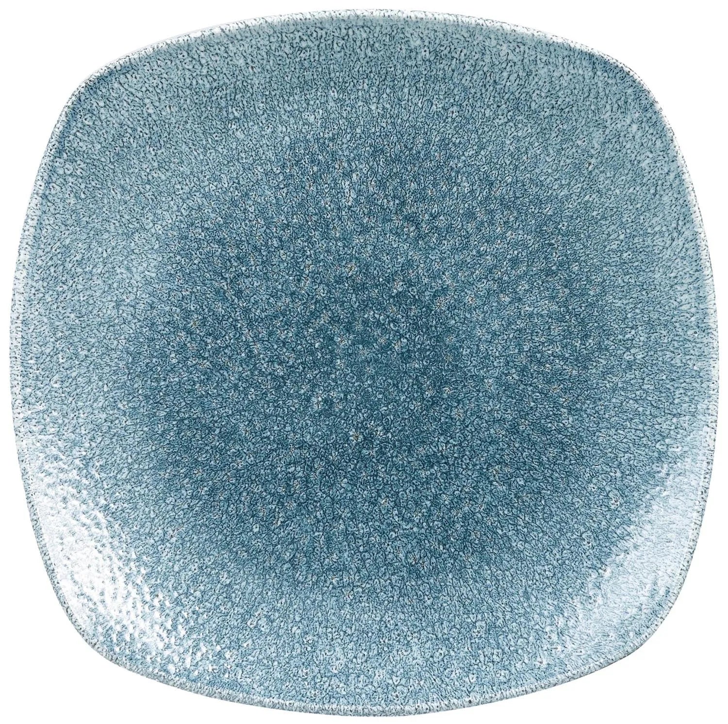 Quadratischer Teller aus Porzellan, 25.2 cm, mit einzigartiger Raku-Glasur in Topaz-Blau. Elegant, robust, mikrowellen- und spülmaschinengeeignet.