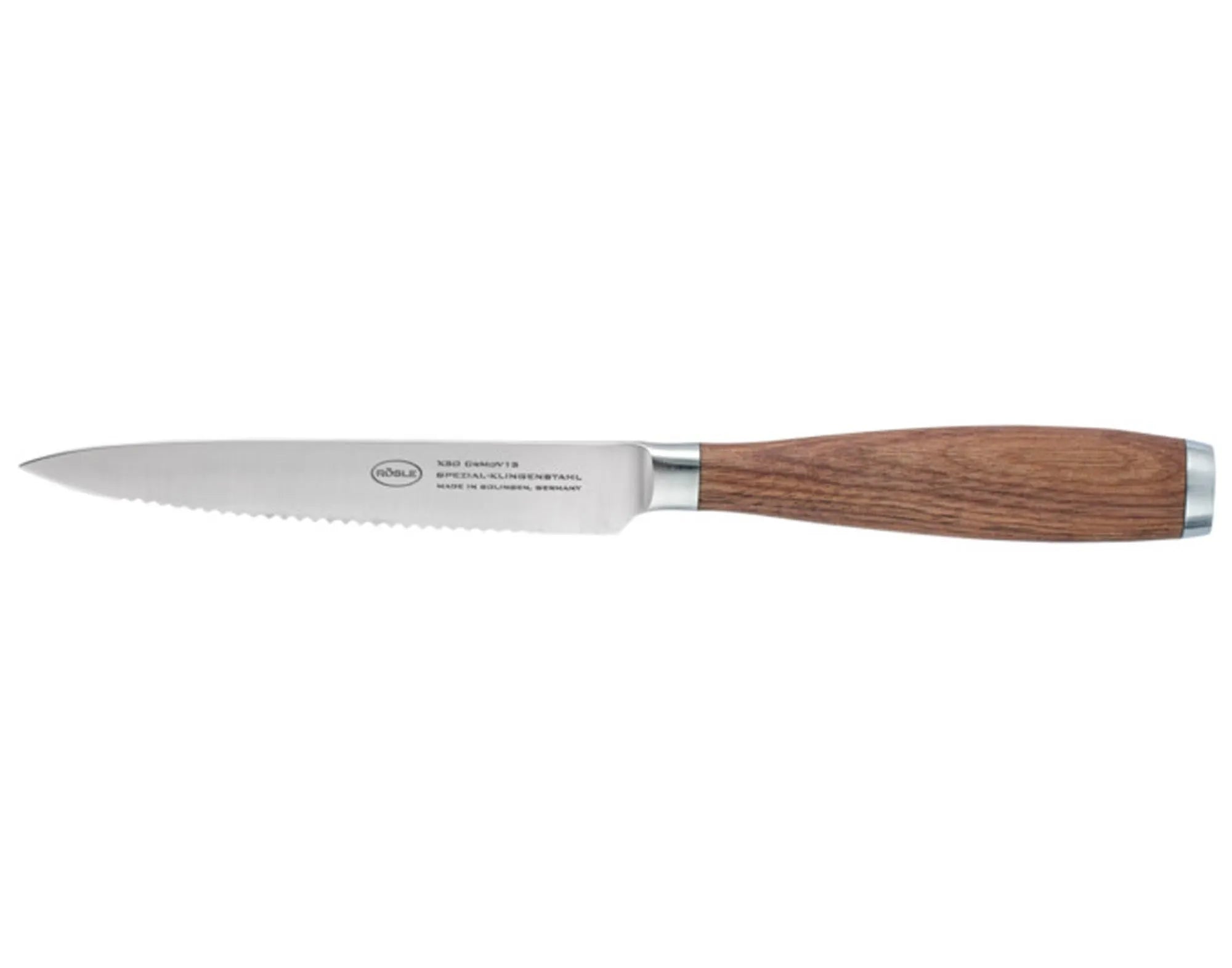 Elegantes RÖSLE Universalmesser: 13 cm Wellenschliff, scharfer Klingenstahl, ergonomischer Holzgriff, ideal für Brot, Obst, Gemüse.