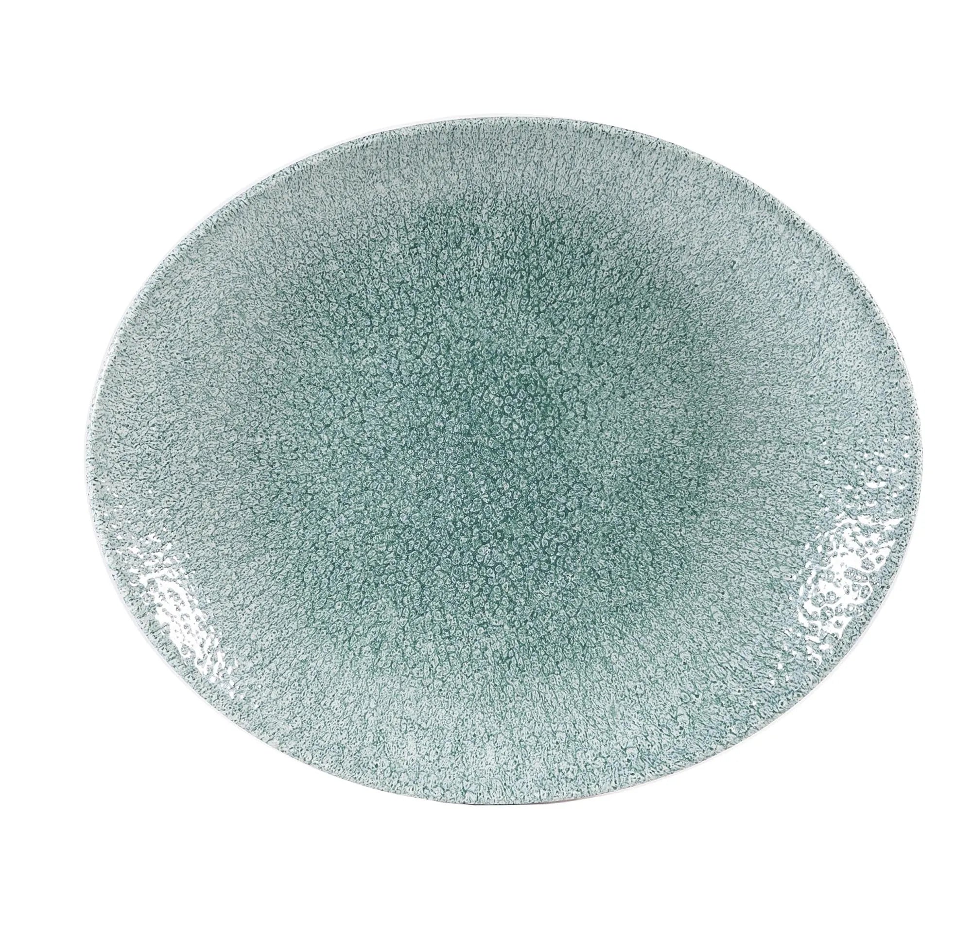 Eleganter ovaler Porzellanteller (31.7x25.5cm) mit jadegrüner Raku-Glasur, spülmaschinenfest, ideal für stilvolle Präsentationen.