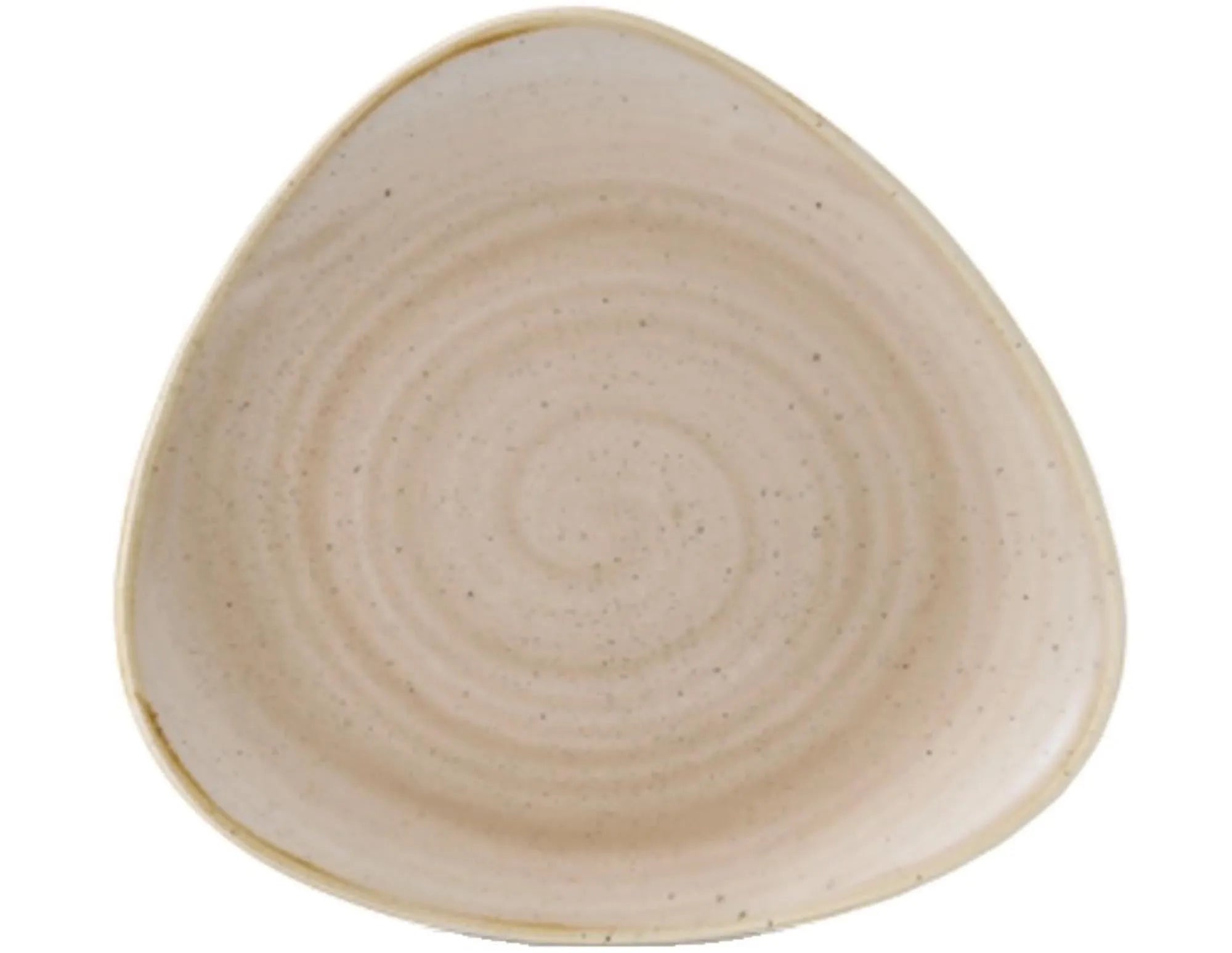 Eleganter, dreieckiger Porzellanteller in Nutmeg Beige, 22,9 cm, ideal für stilvolle Präsentationen. Spülmaschinen- und mikrowellengeeignet.