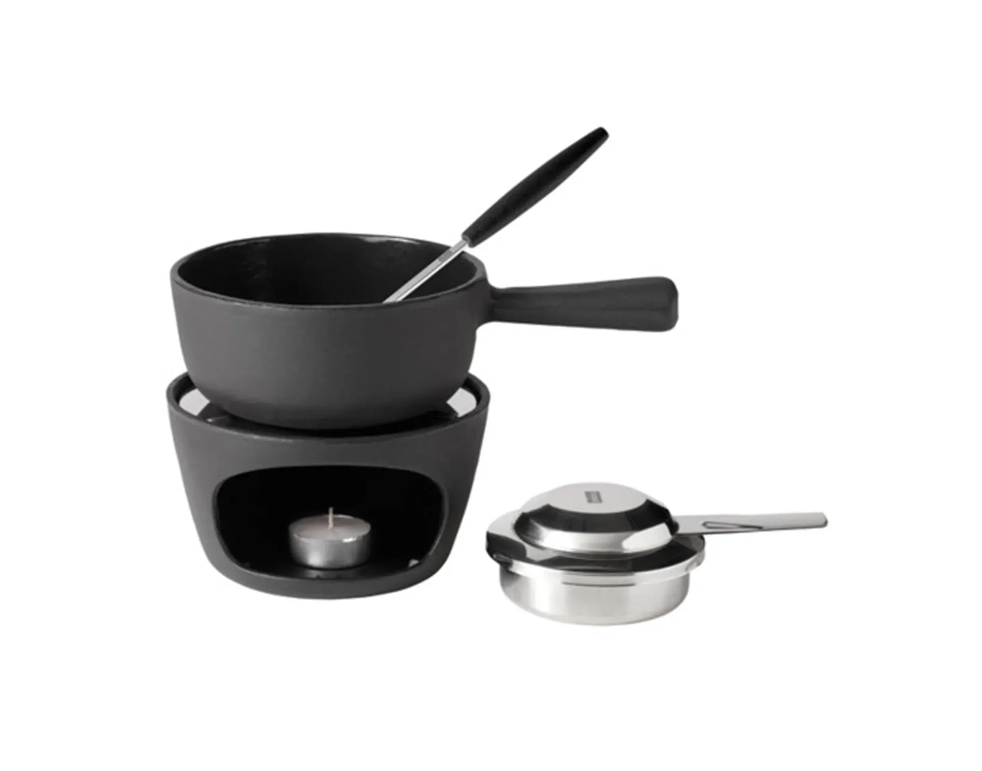 Elegante STÖCKLI Fonduegarnitur für Schoko- & Käsefondues, ø 14 cm, hitzebeständig, antihaftbeschichtet, ideal für gesellige Abende.