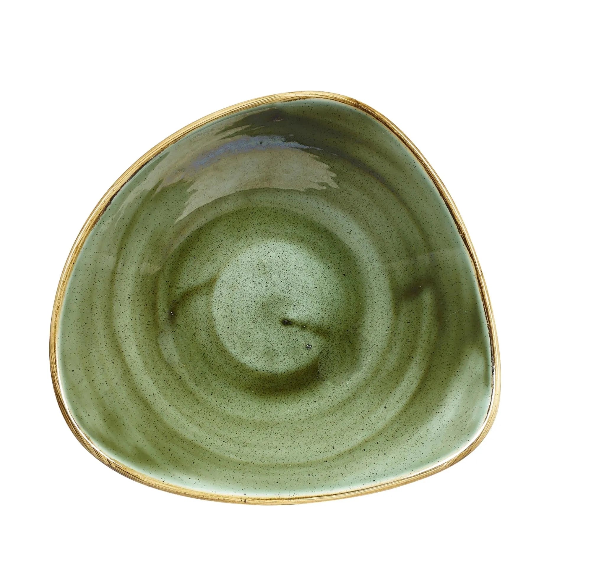 Eleganter, tiefer Triangelteller (23,5 cm, 60 cl) aus Porzellan, handbemalt in Samphire Green mit goldbraunem Rand. Ideal für Suppen und Salate.