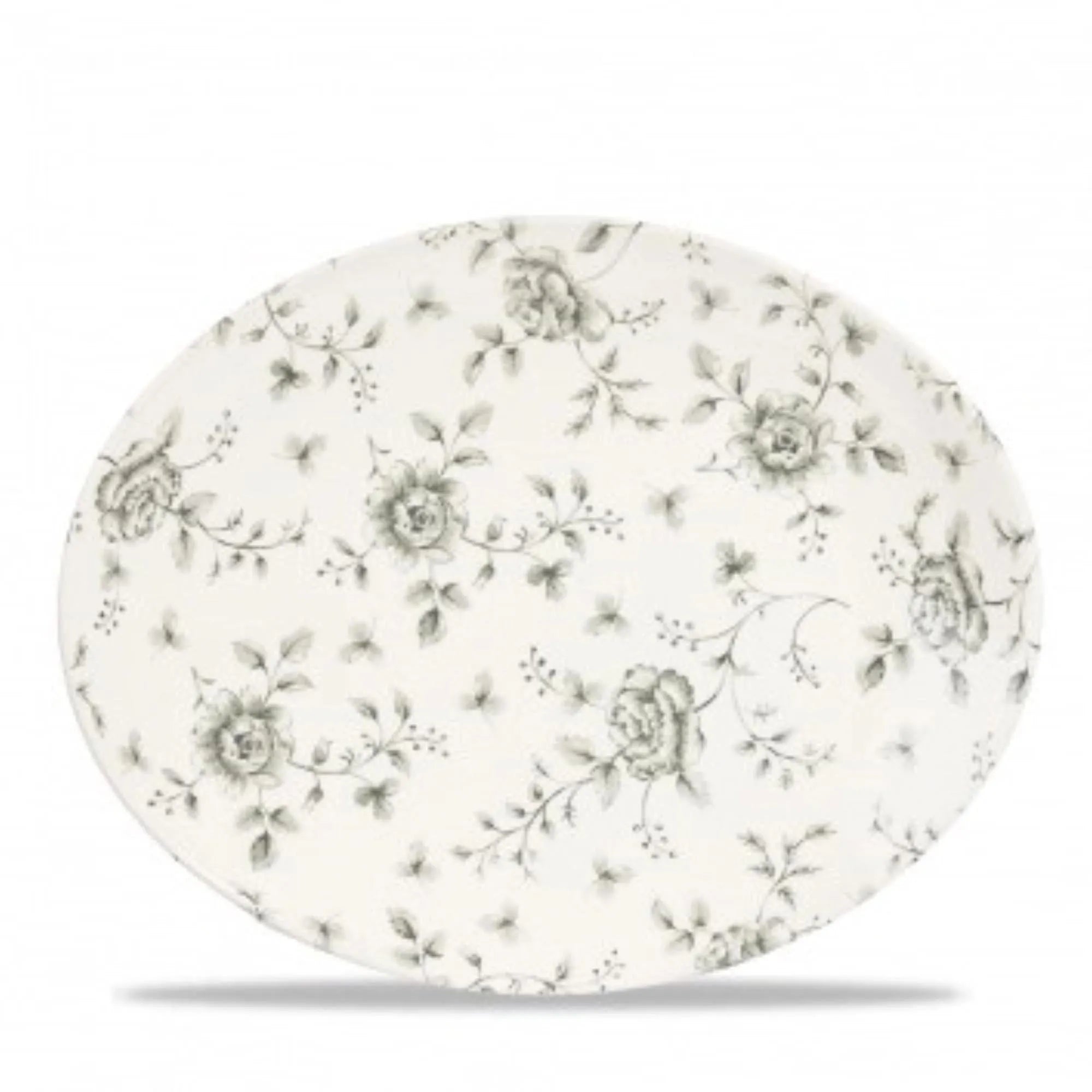 Eleganter ovaler Teller (31,7x25,5 cm) mit floralem Chintz-Muster in Grau. Ideal für Gastronomie und Zuhause. Hochwertiges Porzellan.