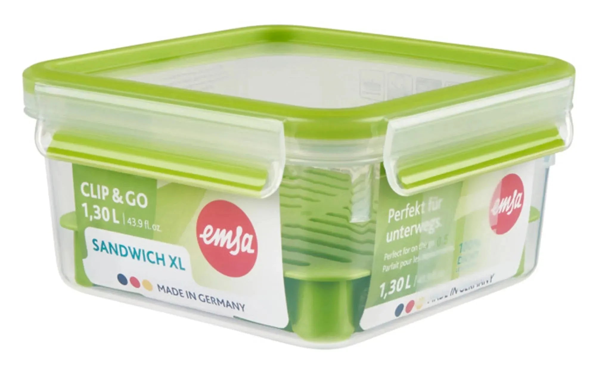 Die EMSA Sandwichbox XL Clip Go 1.3 l: BPA-frei, spülmaschinenfest, mit sicherem Clipsystem. Perfekt für frische Snacks unterwegs.