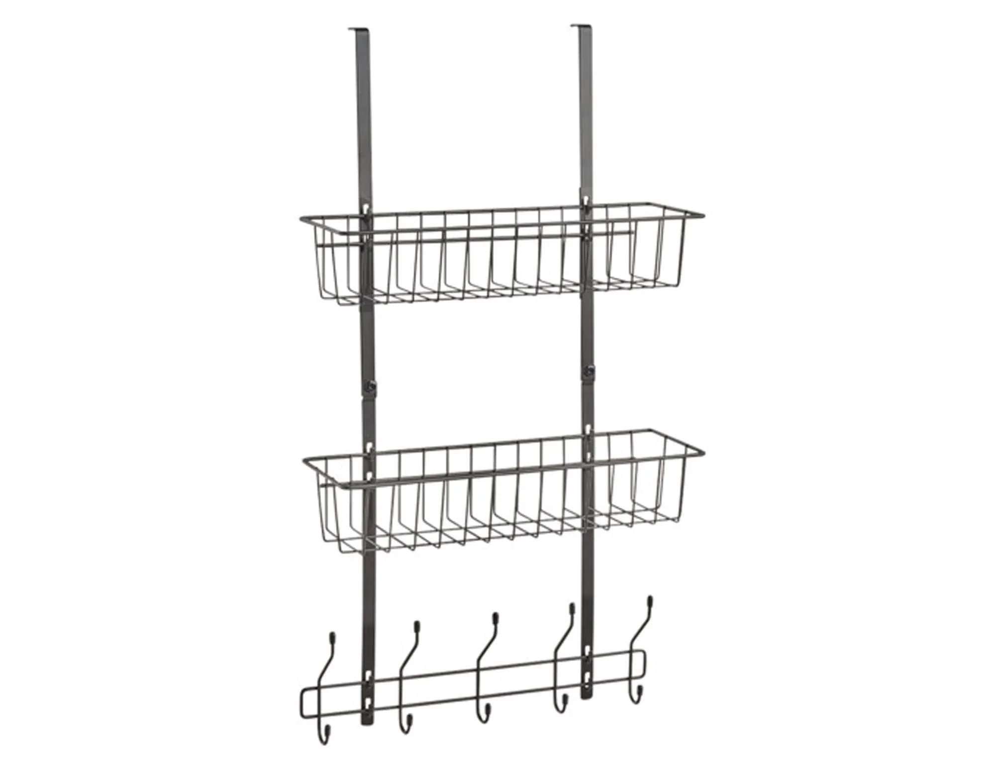 Platzsparendes Tür Hängeregal aus Metall mit 2 Körben und Haken, ideal für Küche, Bad oder Flur. Maße: 39x16x71.5 cm.