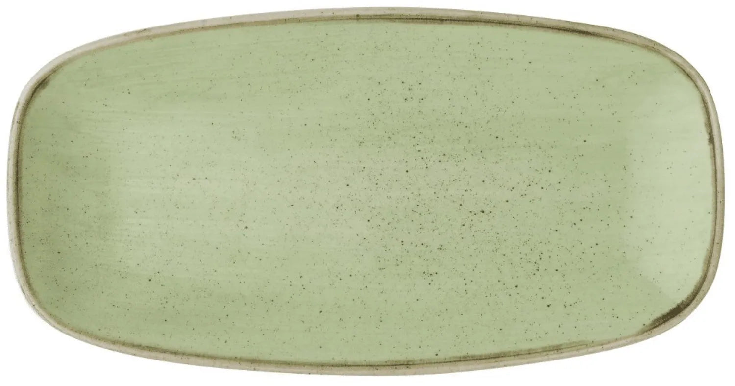 Elegante, sagegrüne Porzellanplatte (29,8x15,3 cm) von Churchill: robust, spülmaschinenfest, ideal für kreative Speisenpräsentationen.