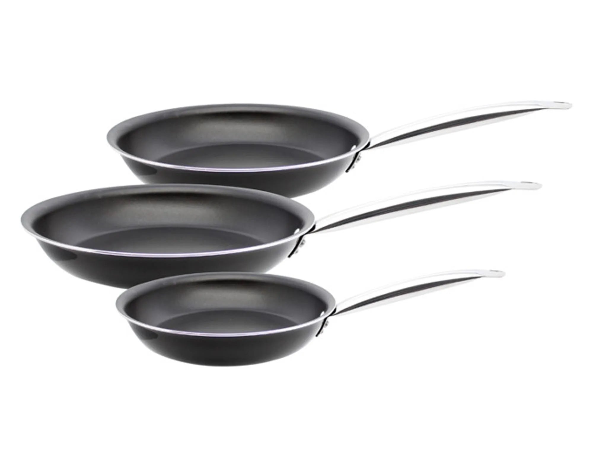 ELO Bratpfannen-Set: 3 Größen, Antihaft, Aluminium, ergonomische Griffe, spülmaschinenfest, ideal für vielseitiges Kochen.