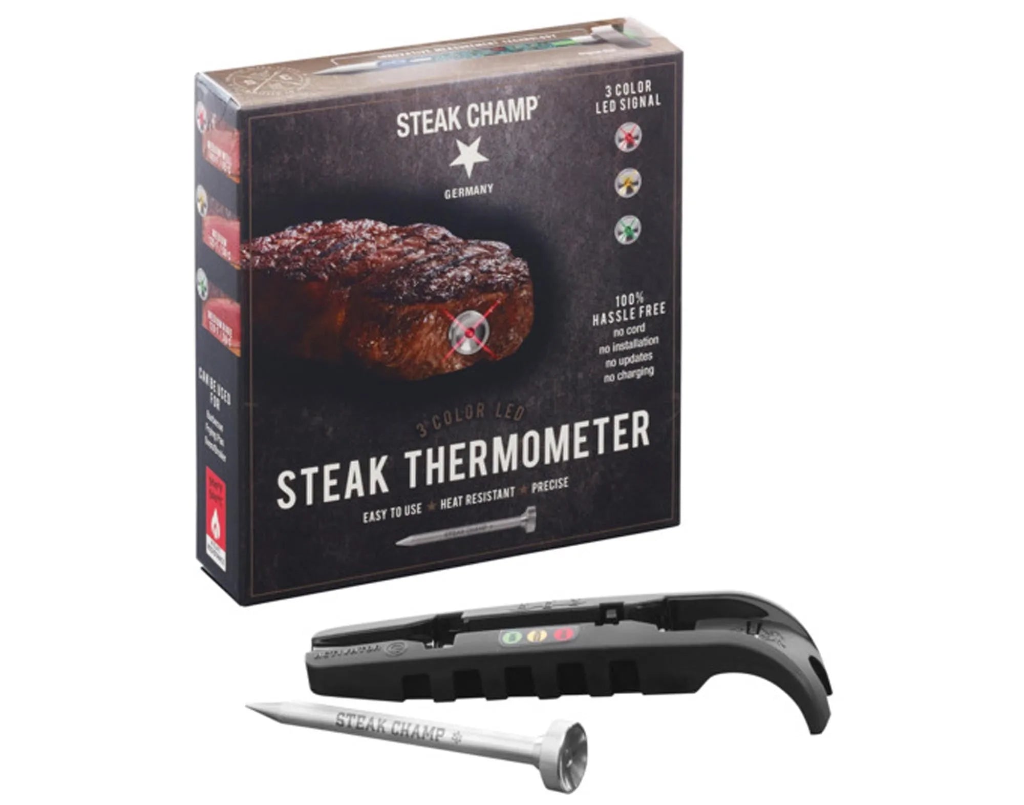 Präzises LED-Fleischthermometer von STEAK CHAMP: Edelstahl, rostfrei, kompakt, ideal für perfekte Garstufen beim Grillen.