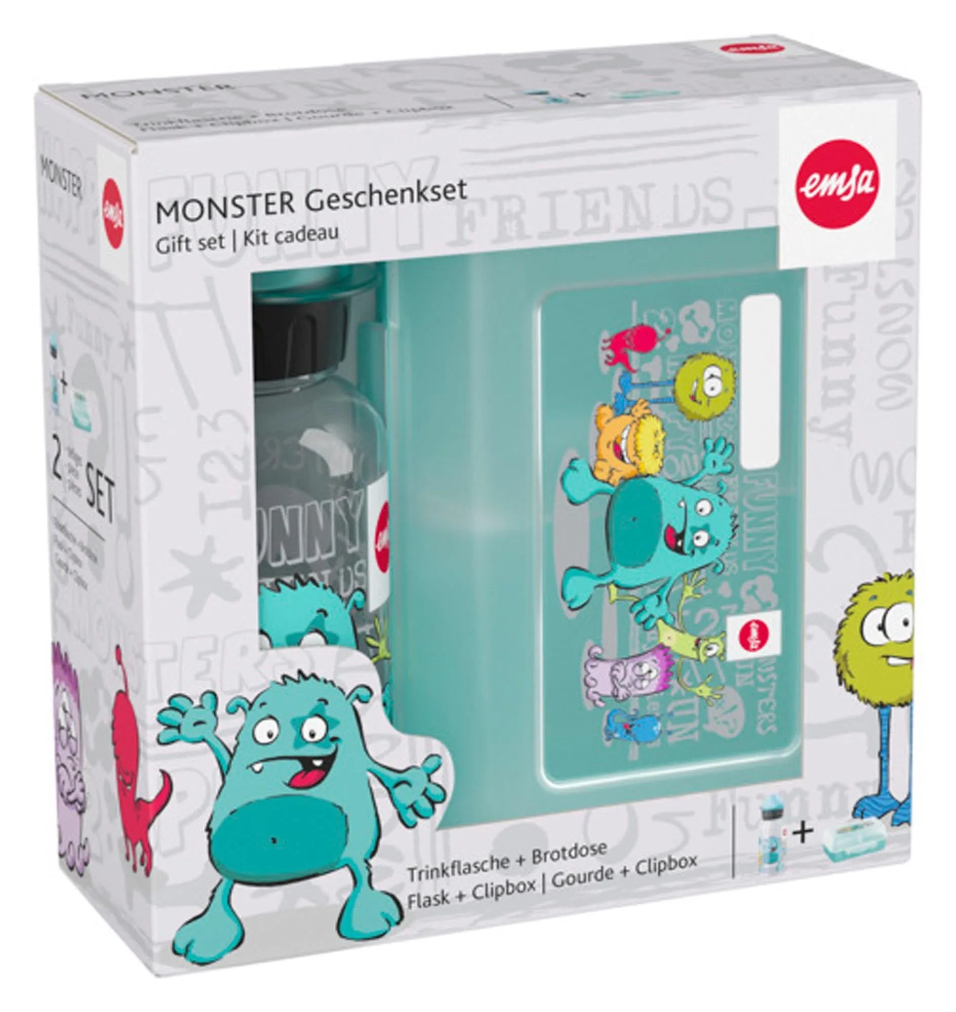 Farbenfrohes EMSA Monster-Set: Trinkflasche & Dose für Kinder.