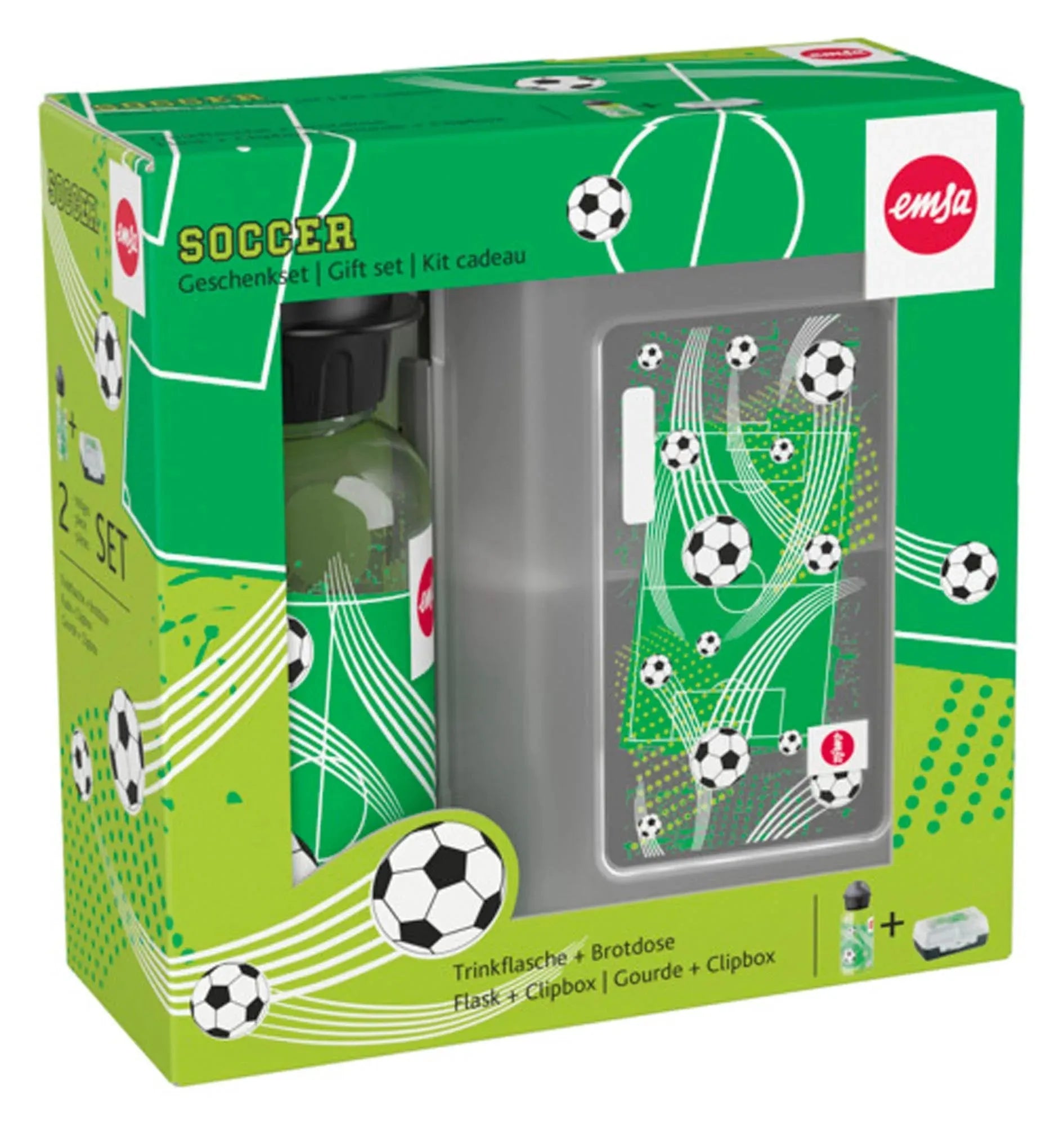 EMSA Kids Set: BPA-freie Trinkflasche & Snackdose im coolen Fußball-Design. Perfekt für kleine Fußballfans unterwegs!