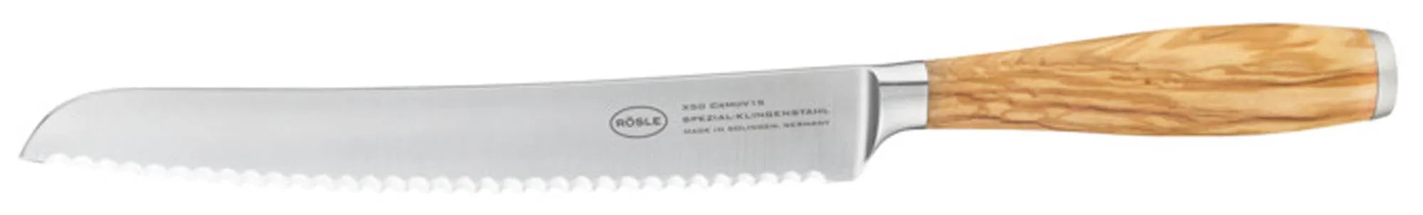 Elegantes Brotmesser von RÖSLE mit scharfer Spezialstahlklinge und edlem Olivenholzgriff – Qualität und Design vereint.