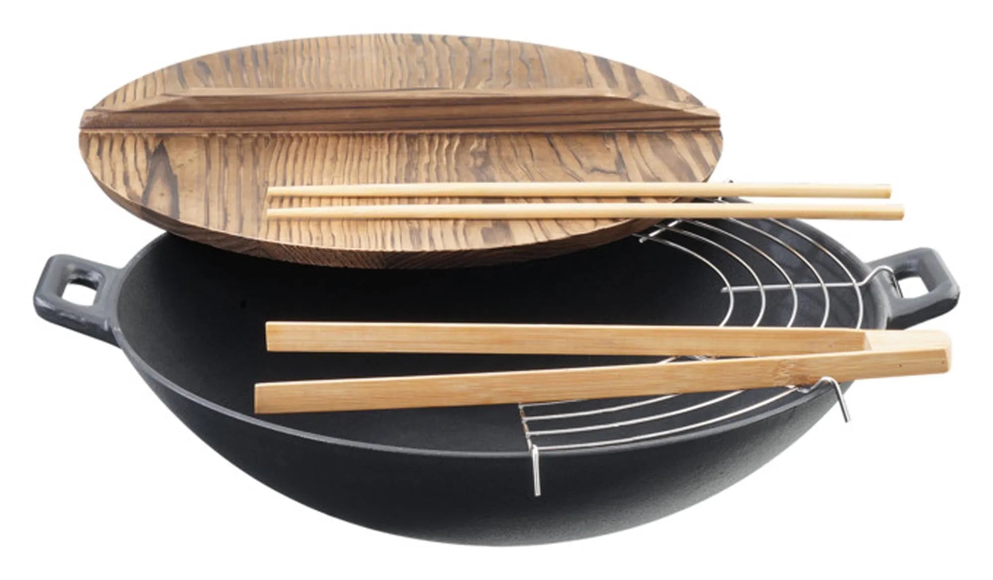 Gusseisen-Wok ø 30 cm mit Holzdeckel von EVA COLLECTION: Perfekte Wärmeleitung, langlebig, vielseitig, ideal für asiatische Gerichte.