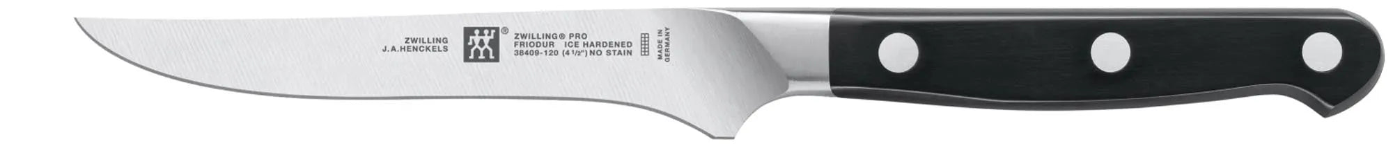 Elegantes Zwilling Pro Steakmesser: 120 mm, rostfreier Stahl, präzise Schnitte, ergonomischer Griff, ideal für Steakliebhaber.