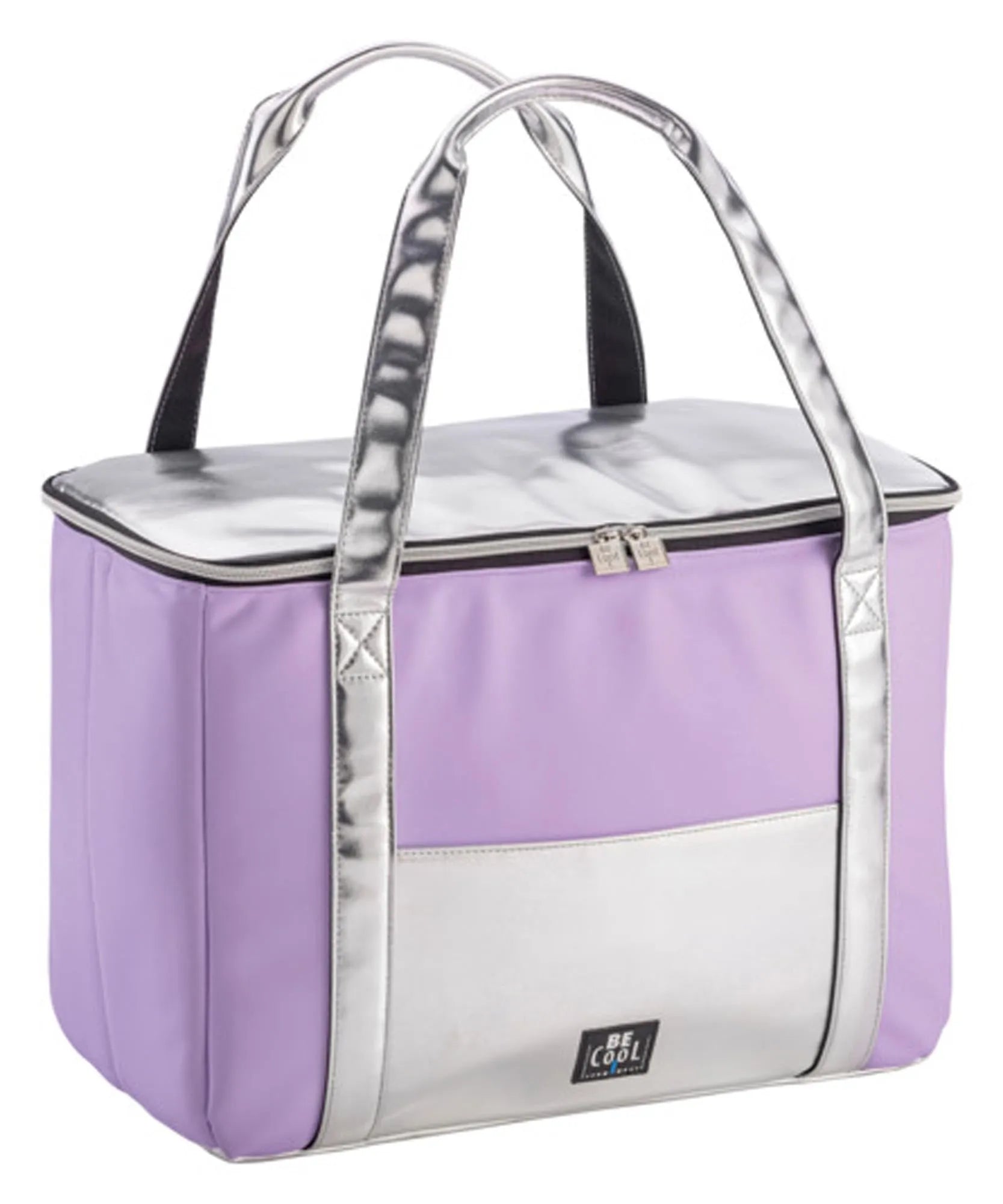 Stilvolle 28L Kühltasche in Lavendel/Silber von BE COOL, ideal für Picknicks, robust, wasserabweisend, leicht zu reinigen.