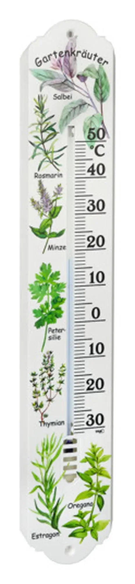 Analoges Innen-Aussen-Thermometer mit Gartenkräuter-Motiv, wetterfest, -20°C bis +50°C, stilvoll für Haus & Garten.