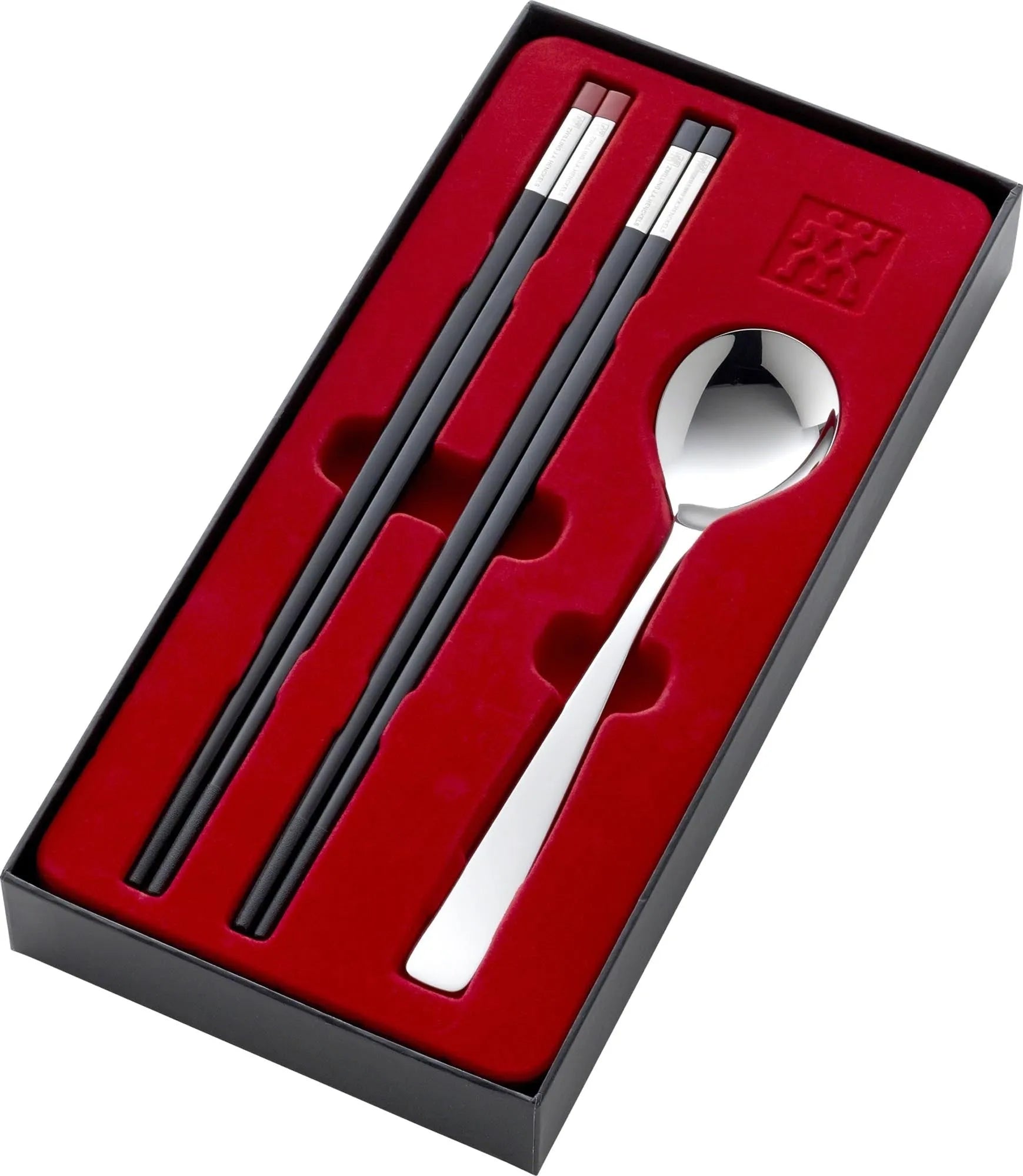 Elegantes Essstäbchen-Set von Zwilling: 4 Edelstahlstäbchen & Löffel, ideal für asiatische Küche, langlebig & stilvoll.